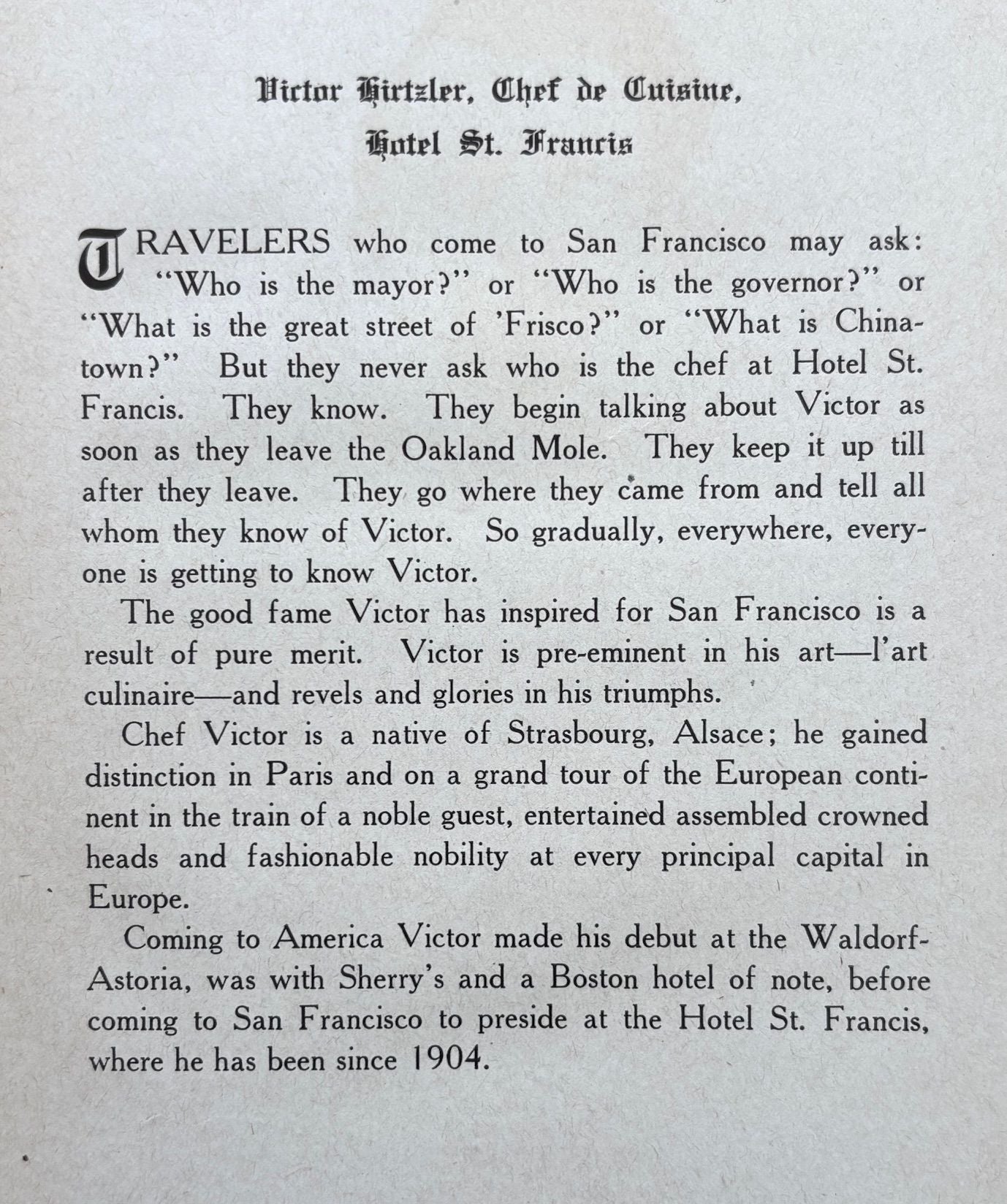 (*NEW ARRIVAL*) (San Francisco) Hirtzler, Victor. Hotel St. Francis Book of Recipes and Model Menus: L'Art Culinaire.