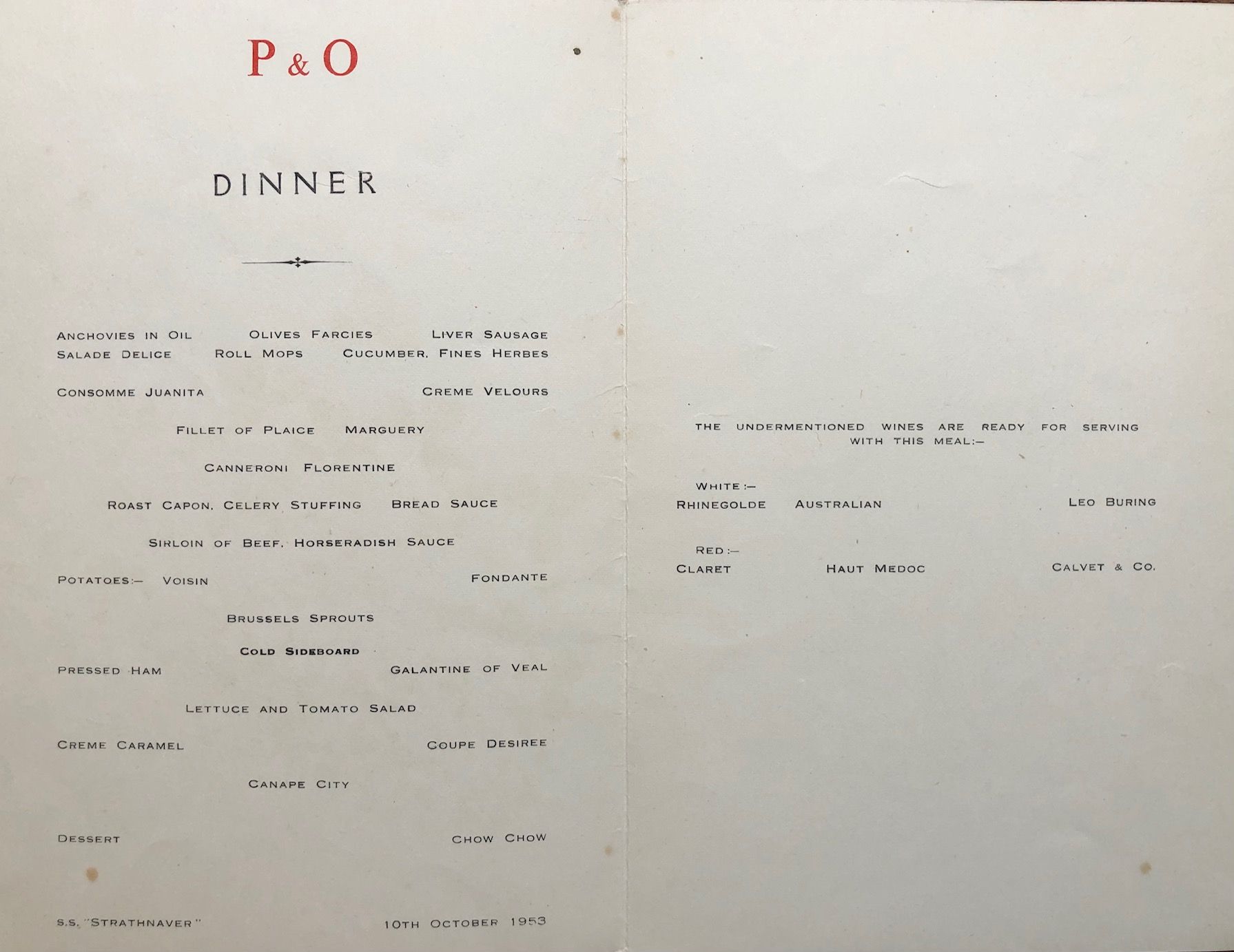 *NEW* P & O Lines. S.S. "Strathnaver" Flowers Menu