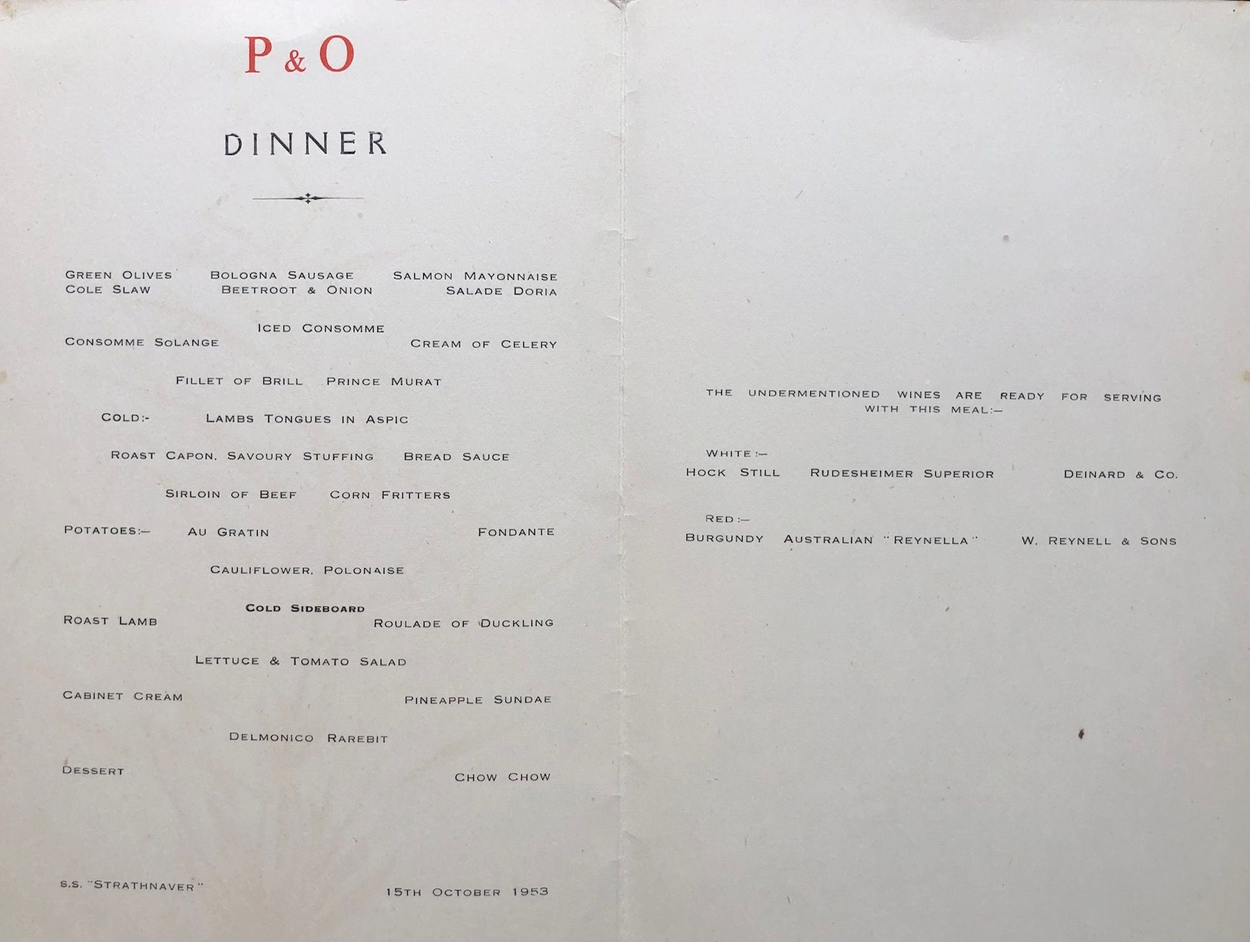 *NEW* P & O Lines. S.S. "Strathnaver" Flowers Menu