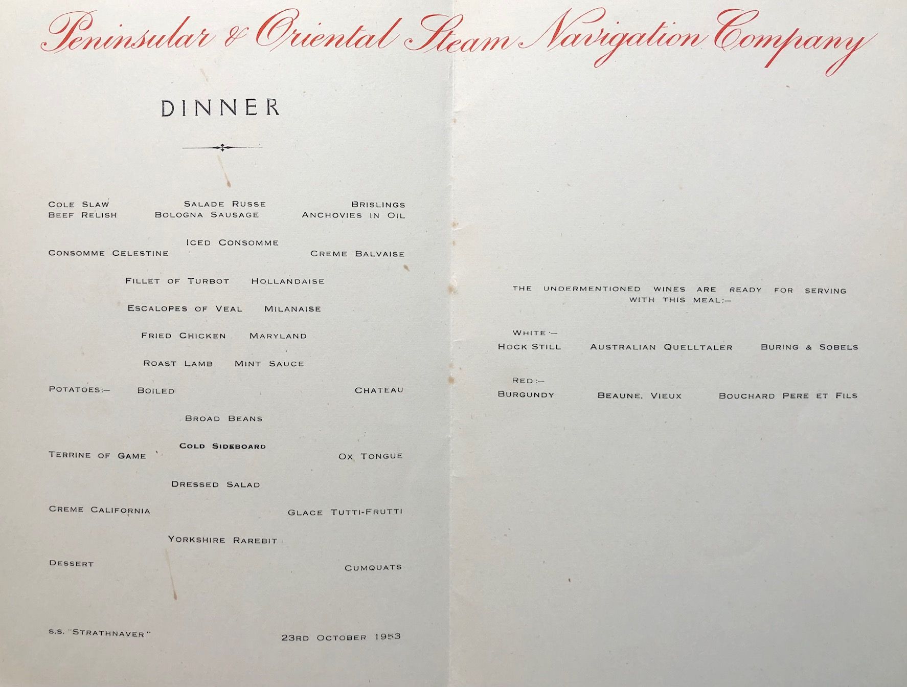 *NEW* P & O Lines. S.S. "Strathnaver" Menu - London Cries