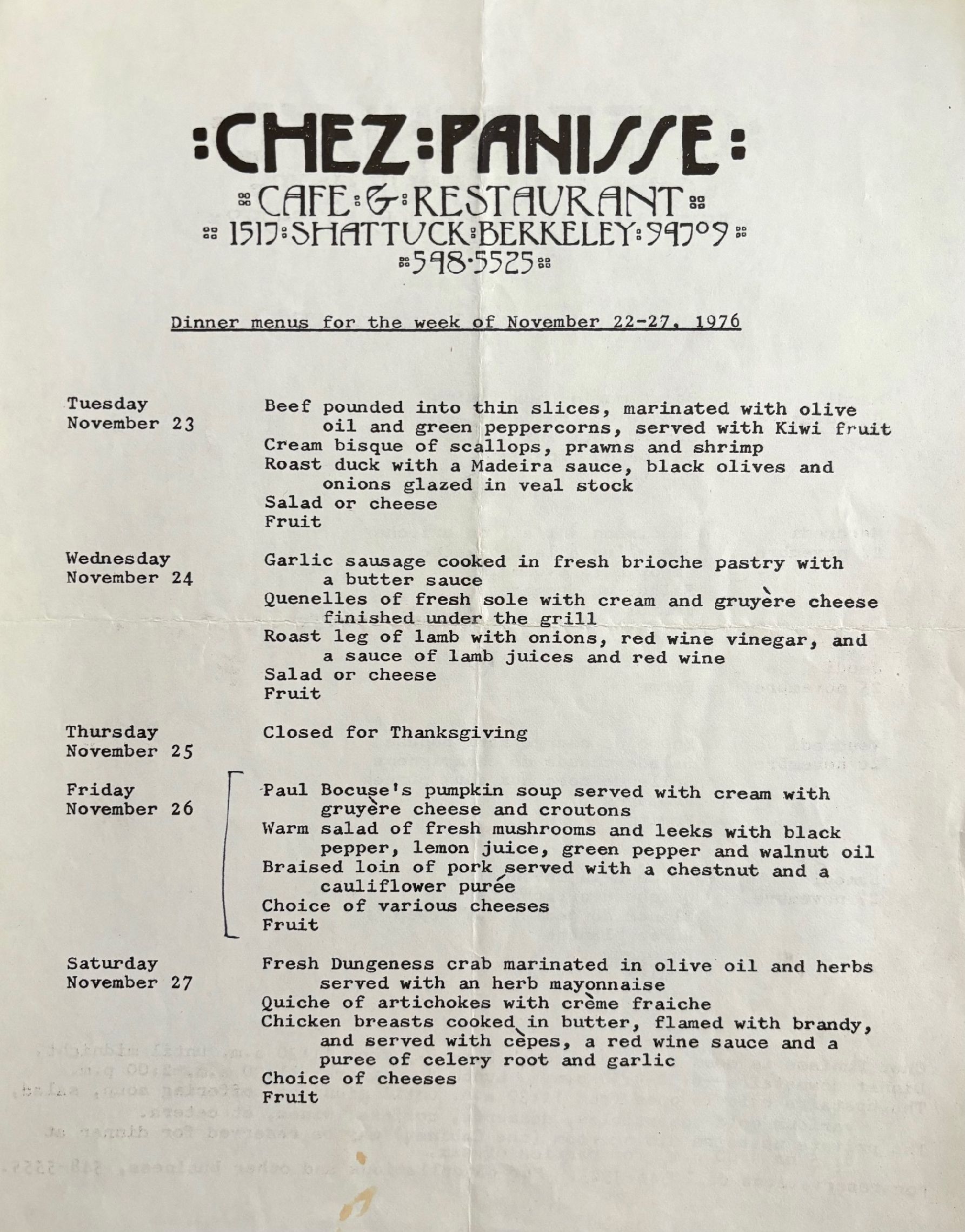 (*NEW ARRIVAL*) Chez Panisse. Dinner Menus for the Week - Nov. 22-27, 1976