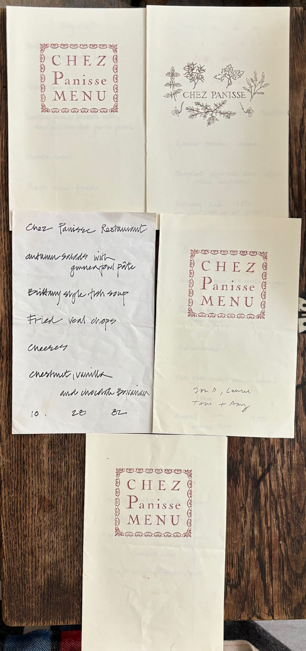 (*NEW ARRIVAL*) Chez Panisse. Group of 5 menus