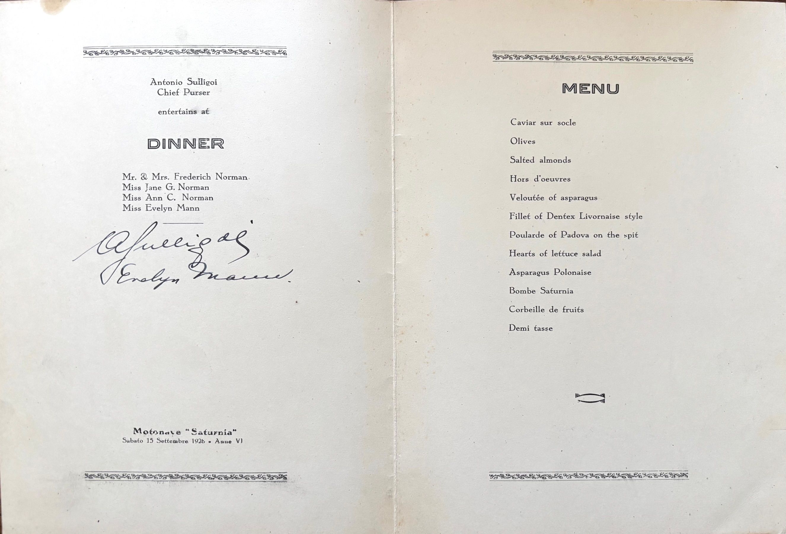 (*NEW ARRIVAL*) Saturnia Cofulich Line. Dinner Menu