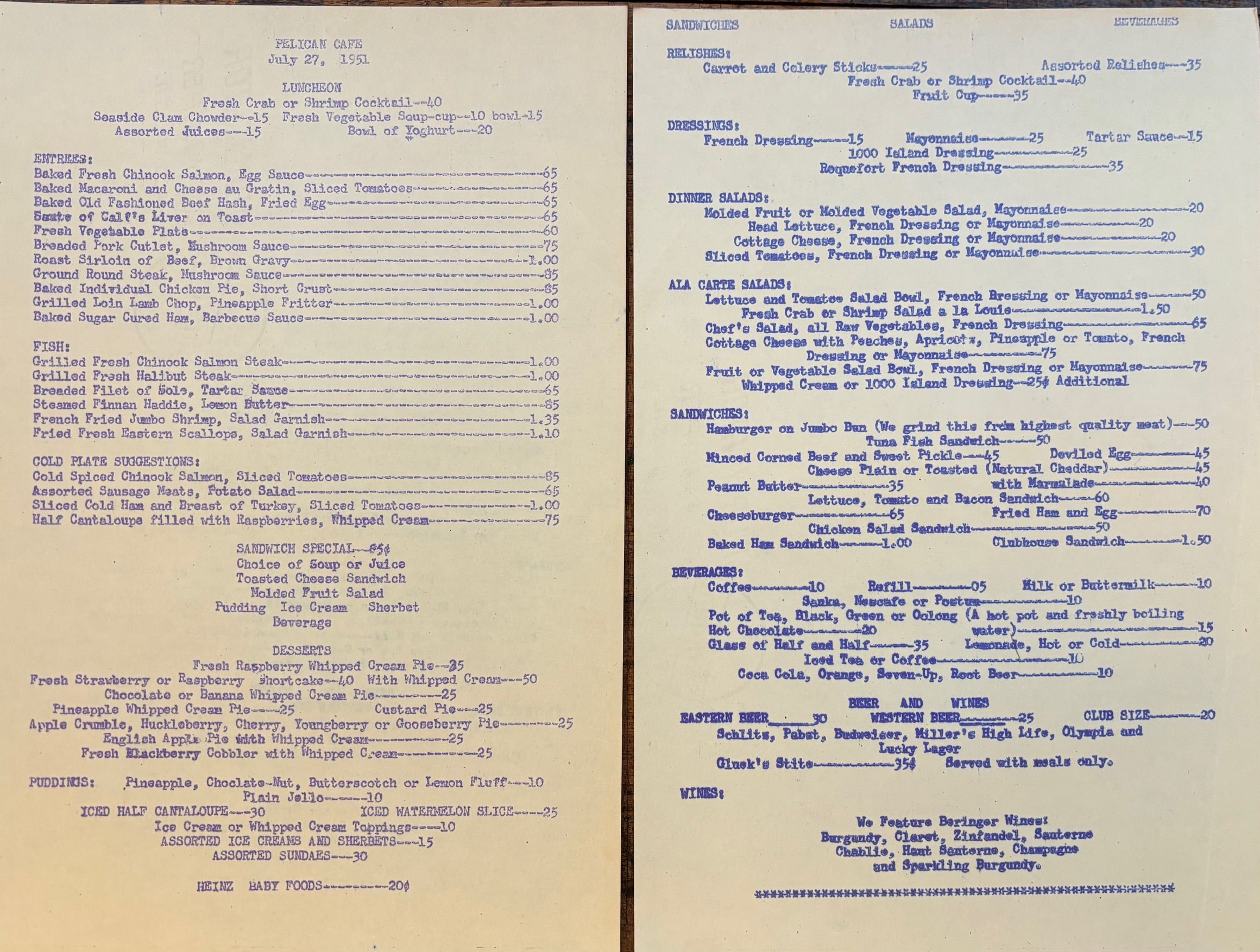 (Oregon) Pelican Cafe. Menu