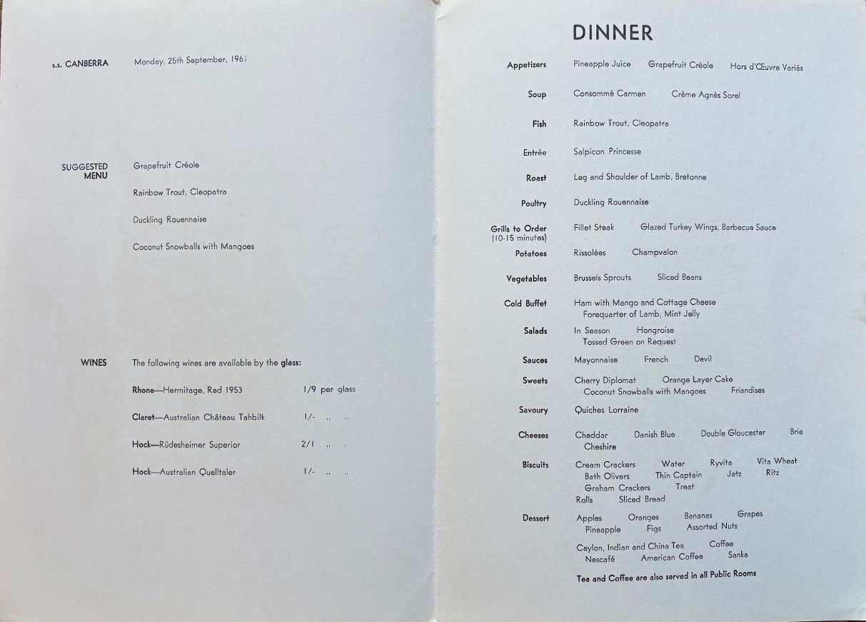 (*NEW ARRIVAL*) P & O Lines. S.S. Canberra. Dinner Menu