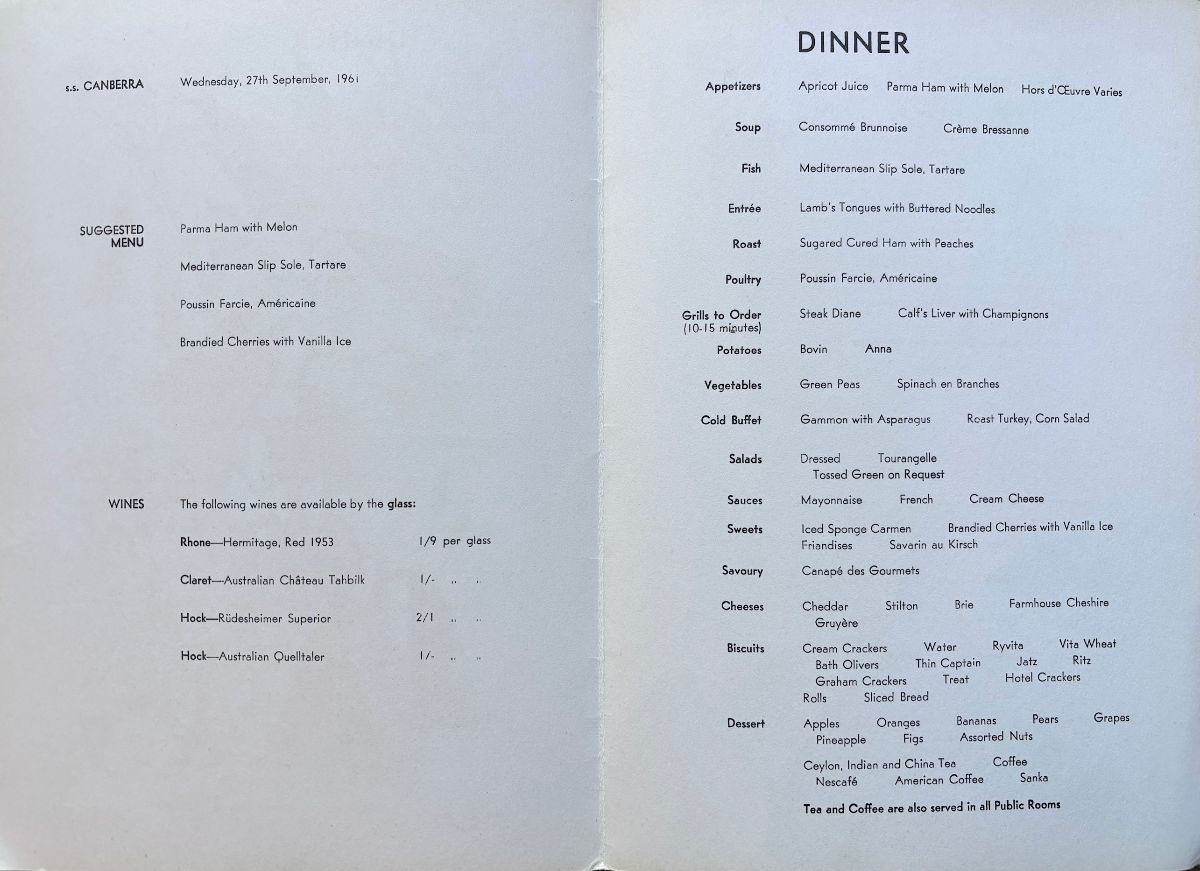 P & O Lines. S.S. Canberra. Dinner Menu