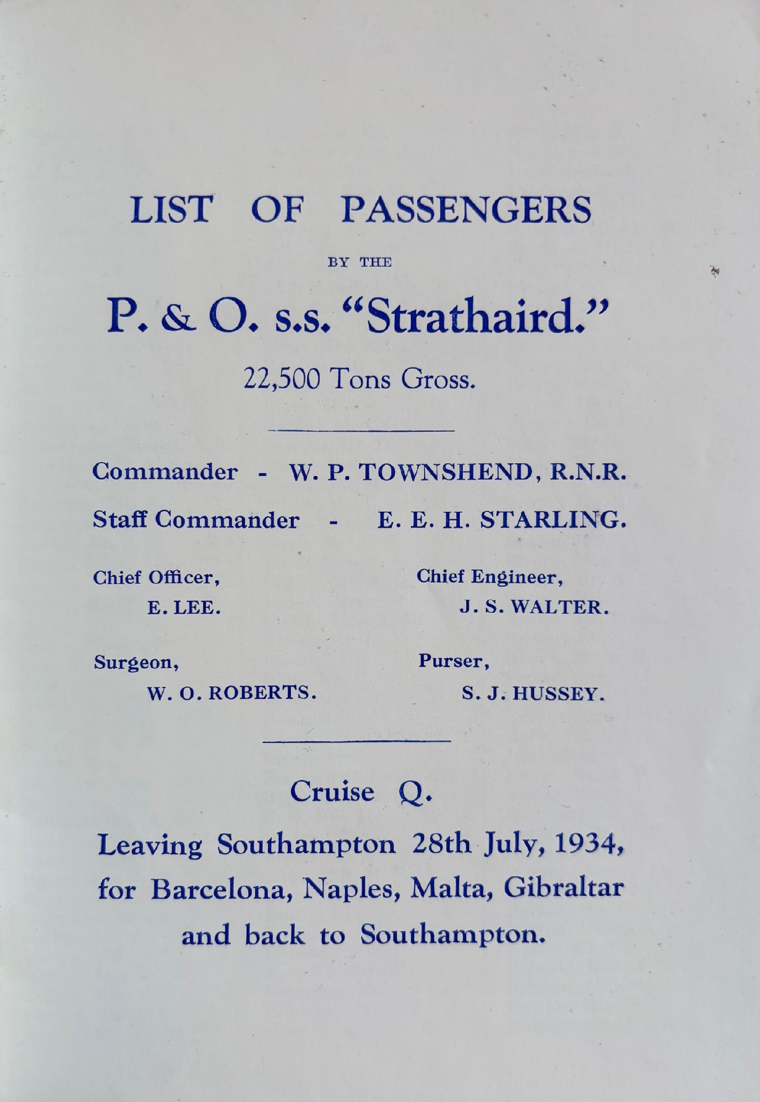 P & O Lines. S.S. Strathaird. Group of ephemera