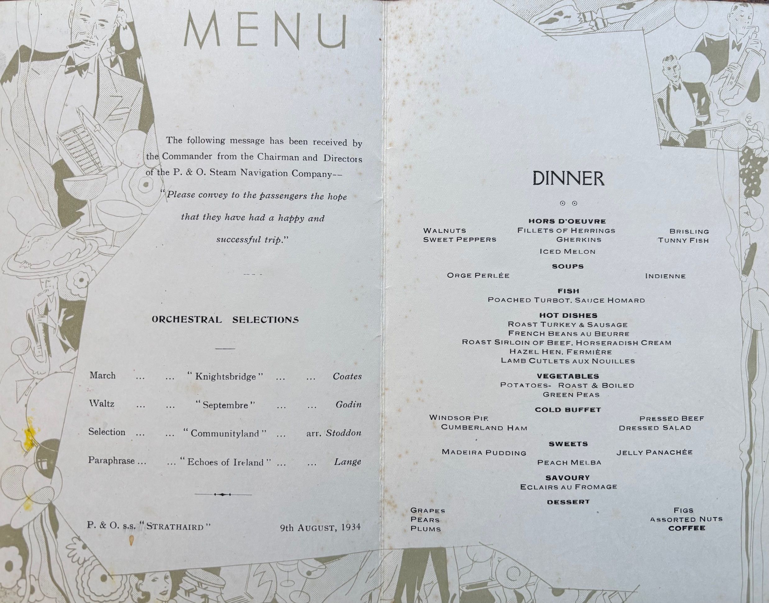 P & O Lines. S.S. Strathaird. Menu