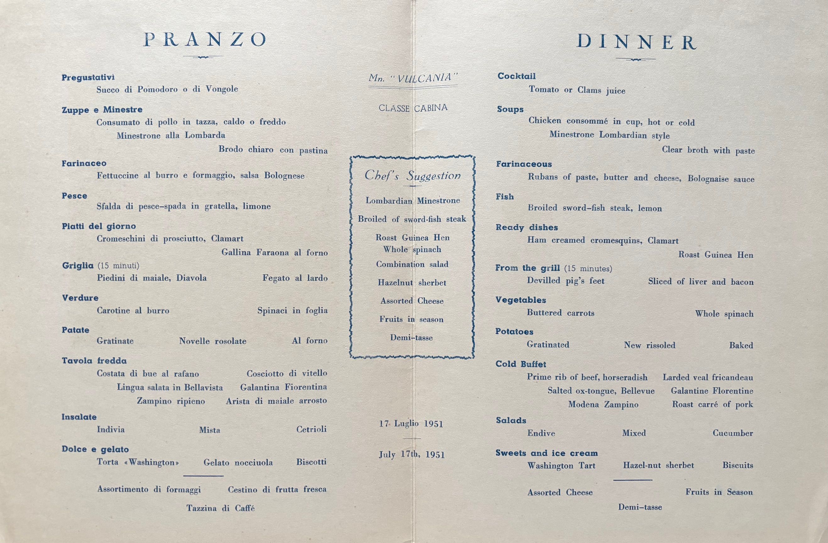 (*NEW ARRIVAL*) Italia Lines. Pranzo - Dinner
