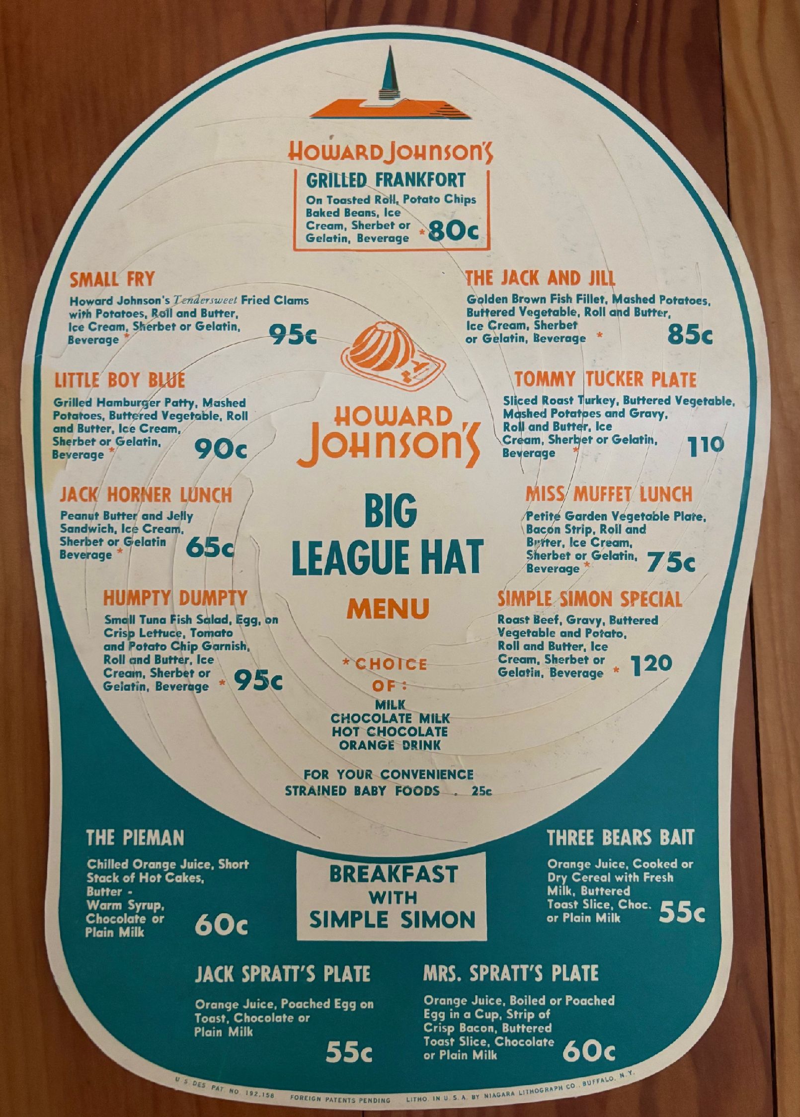 (*NEW ARRIVAL*) Howard Johnson's Big League Hat Menu