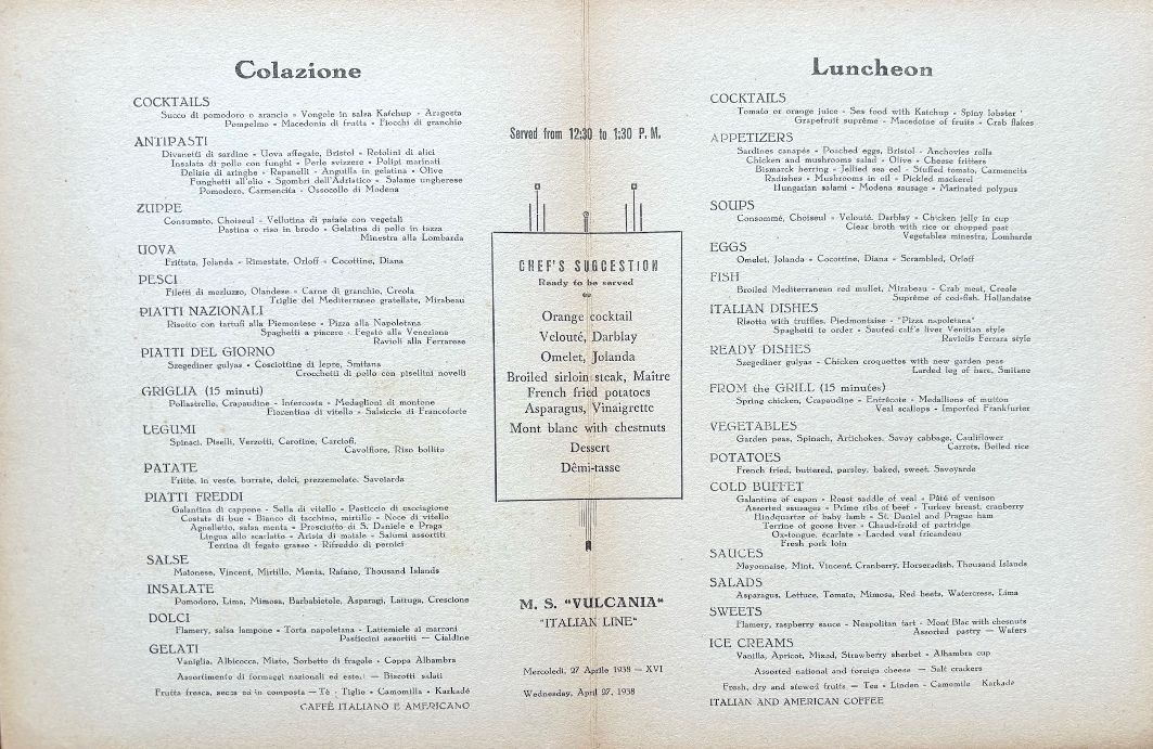 *NEW ARRIVAL* M.S. Vulcania Italian Line. Firenze Ponte Vecchio Dinner Menu