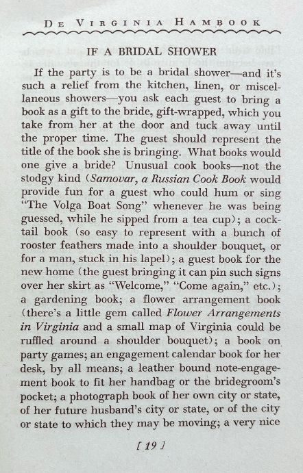 (Southern - Virginia) F. Meredith Dietz, ed. De Virginia Hambook by De Ol' Virginia Hamcook: Recipes, Party Suggestions, Dances, Luncheon Parties, Menus, Philosophy