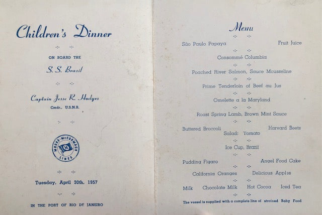 S.S. Brazil. Children's Dinner Menu