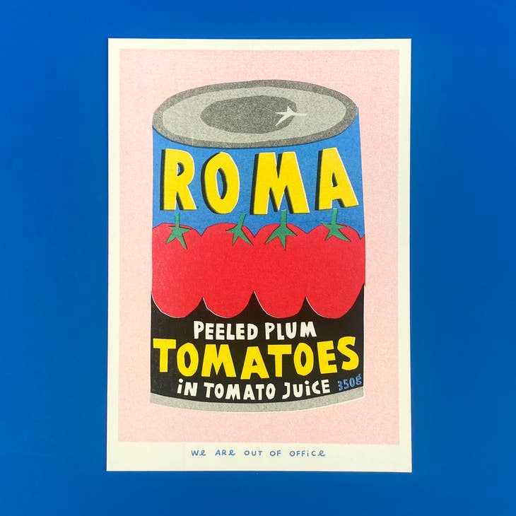 Risograph Print: Can of Roma Plum Tomatoes