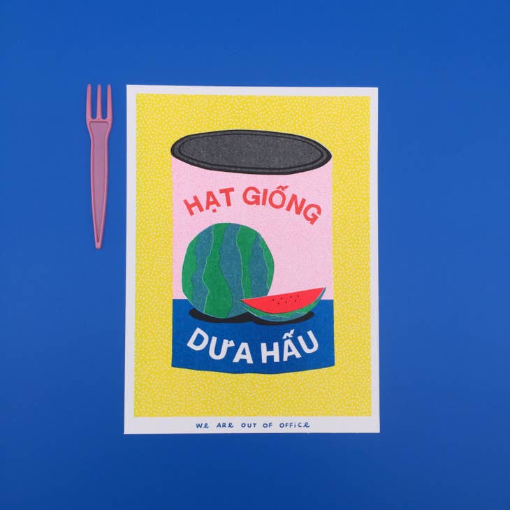 Risograph Print: Colorful Vietnamese Can Full of Watermelon Seeds