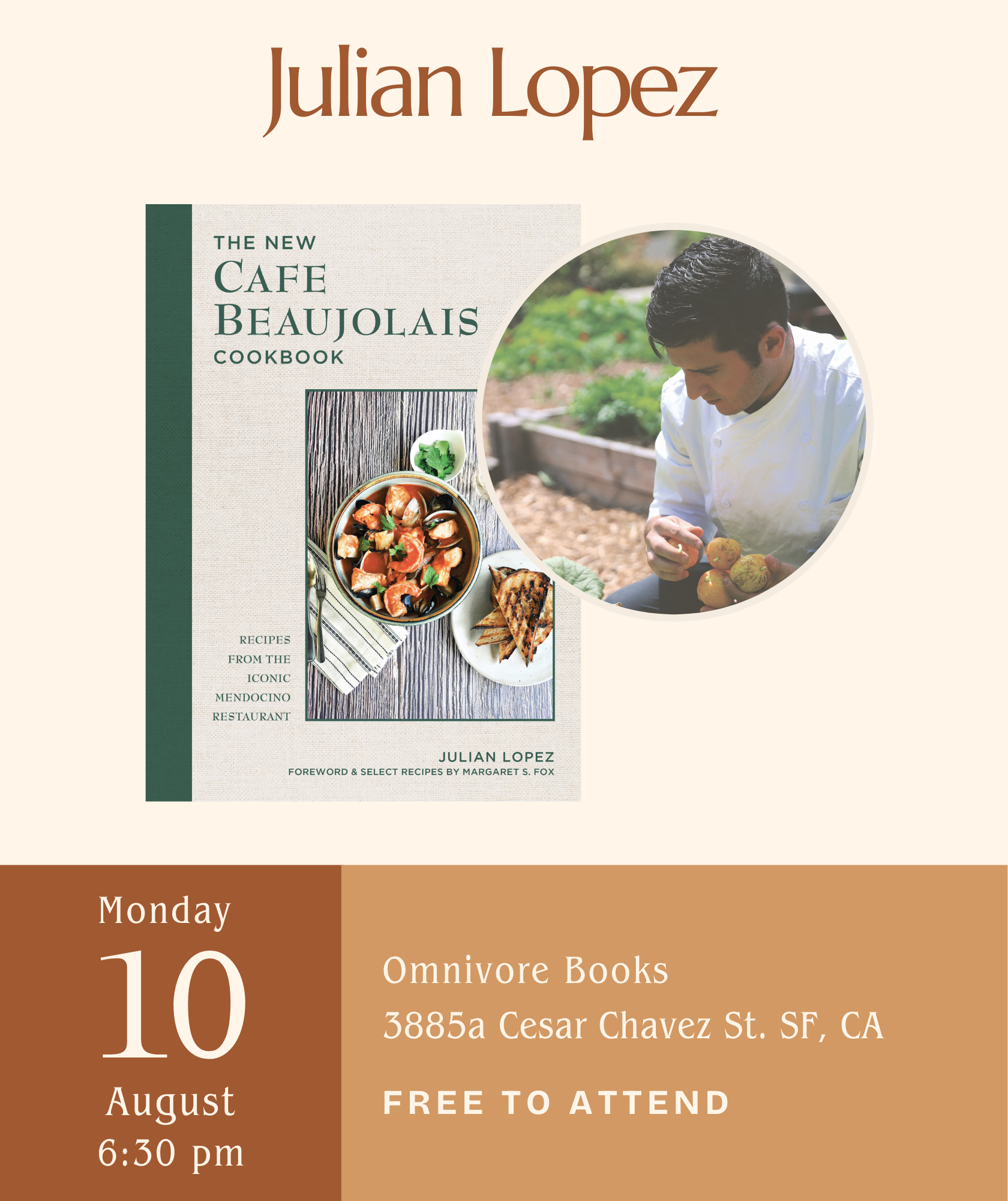 Julian Lopez Author Event • The New Cafe Beaujolais Cookbook: Recipes from the Iconic Mendocino Restaurant