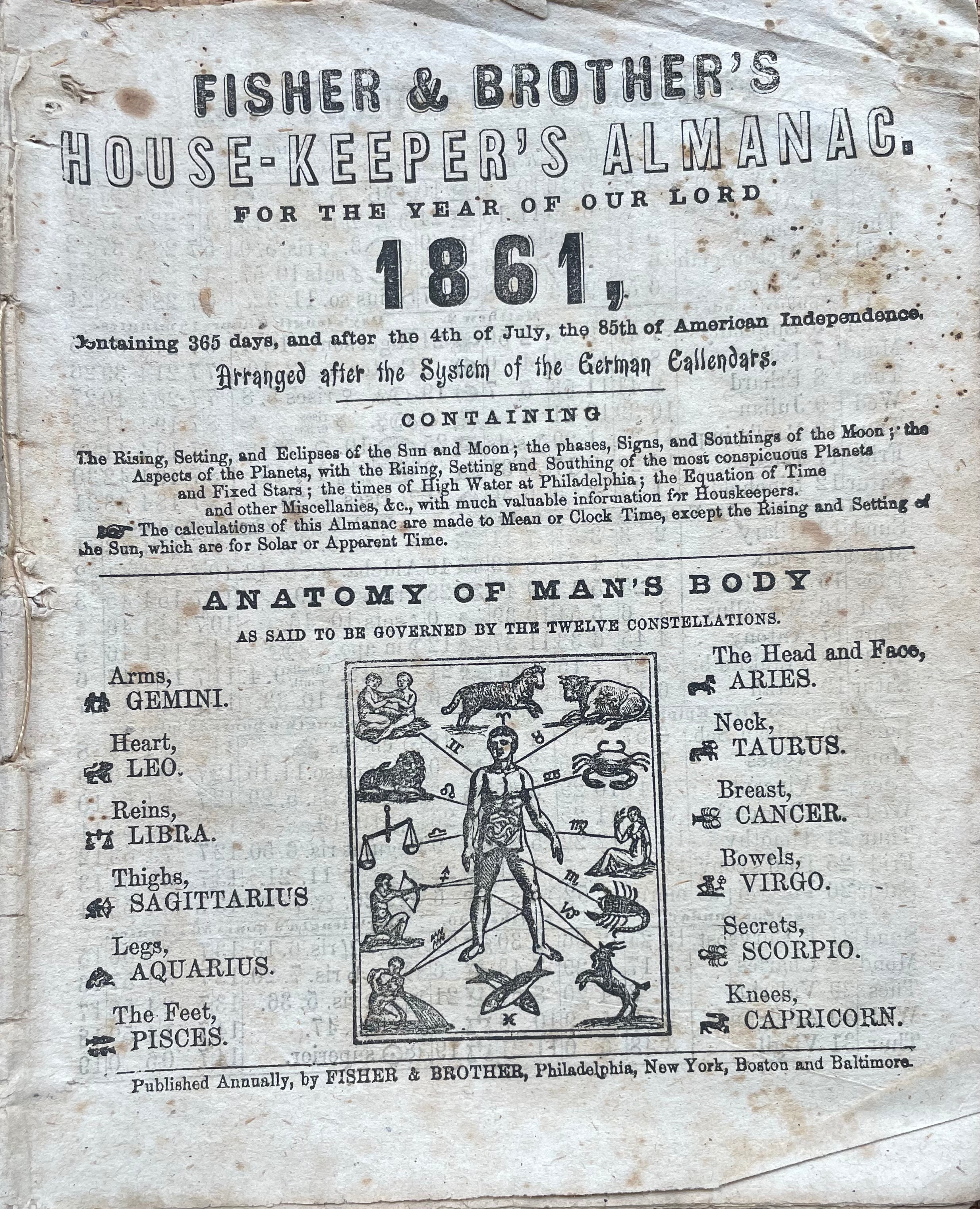 (American) Fisher & Bros. Fisher & Brother’s House-Keeper’s Almanac for the Year of Our Lord 1861.