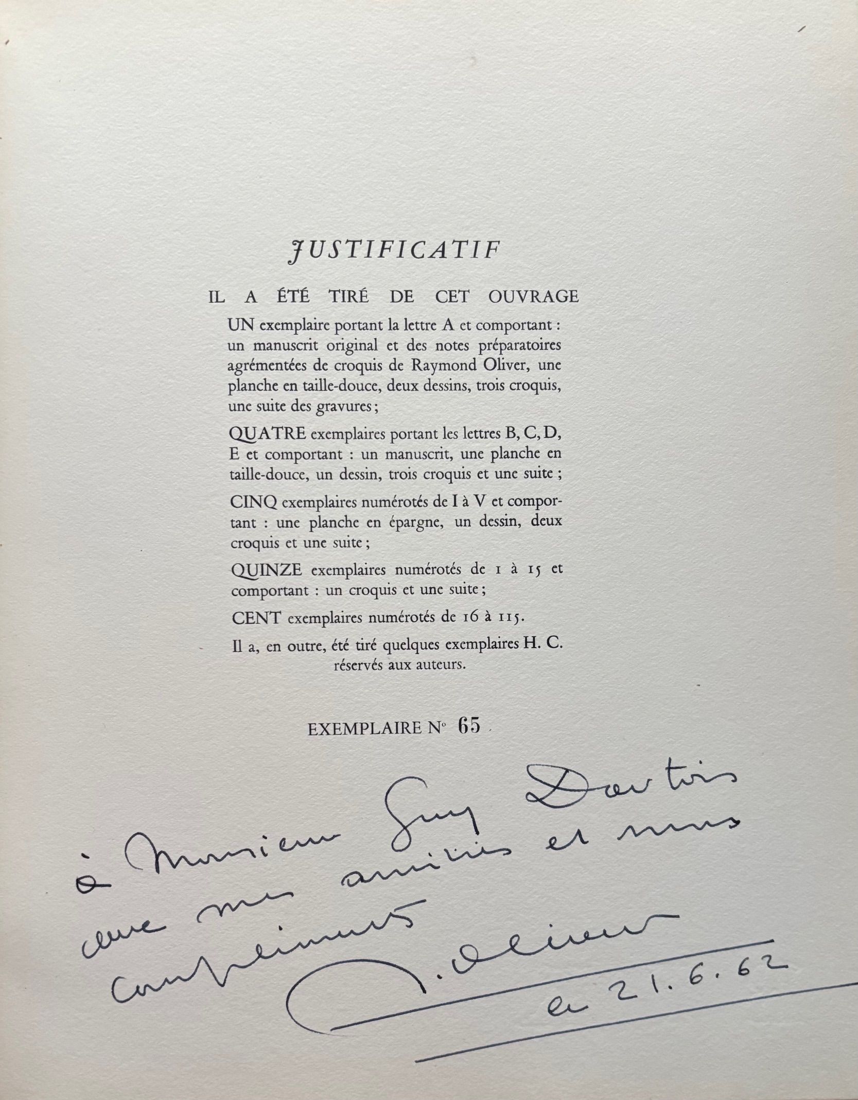 (*NEW ARRIVAL*) (Gastronomy) Raymond Oliver & R. Gautier-Constant. Les Cinq Sens. *Signed*