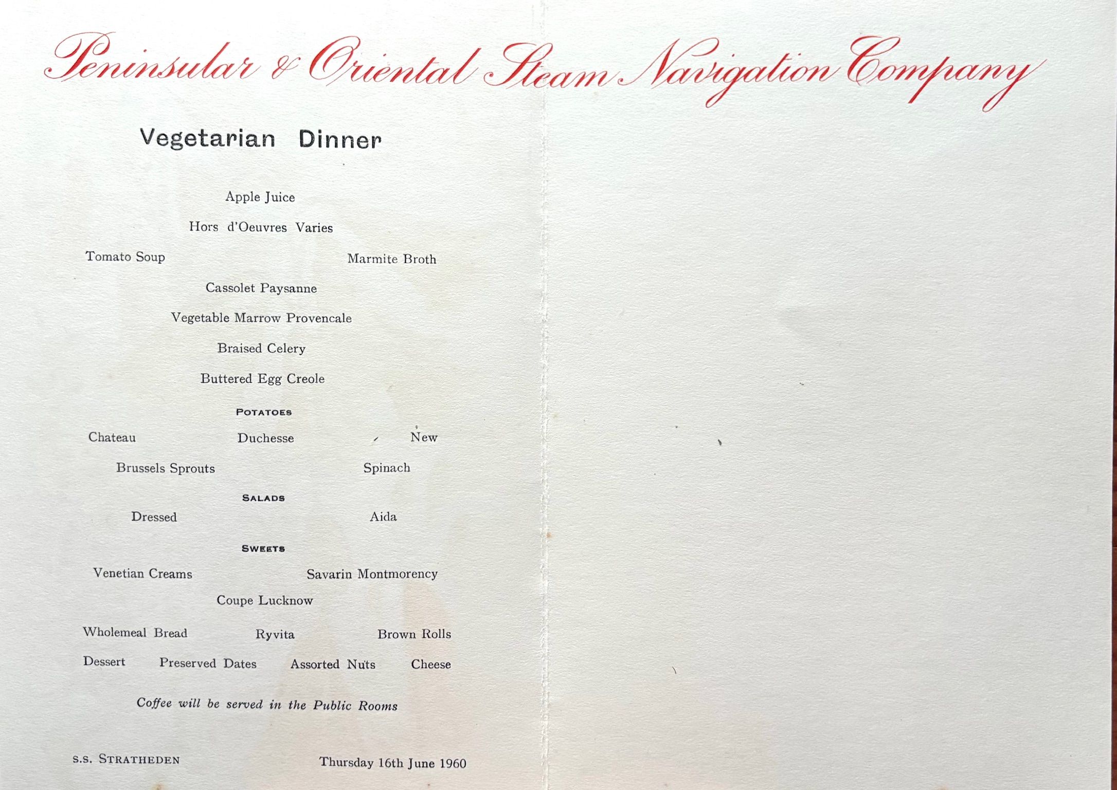 P & O Lines. S.S. Stratheden Vegetarian Dinner Menu
