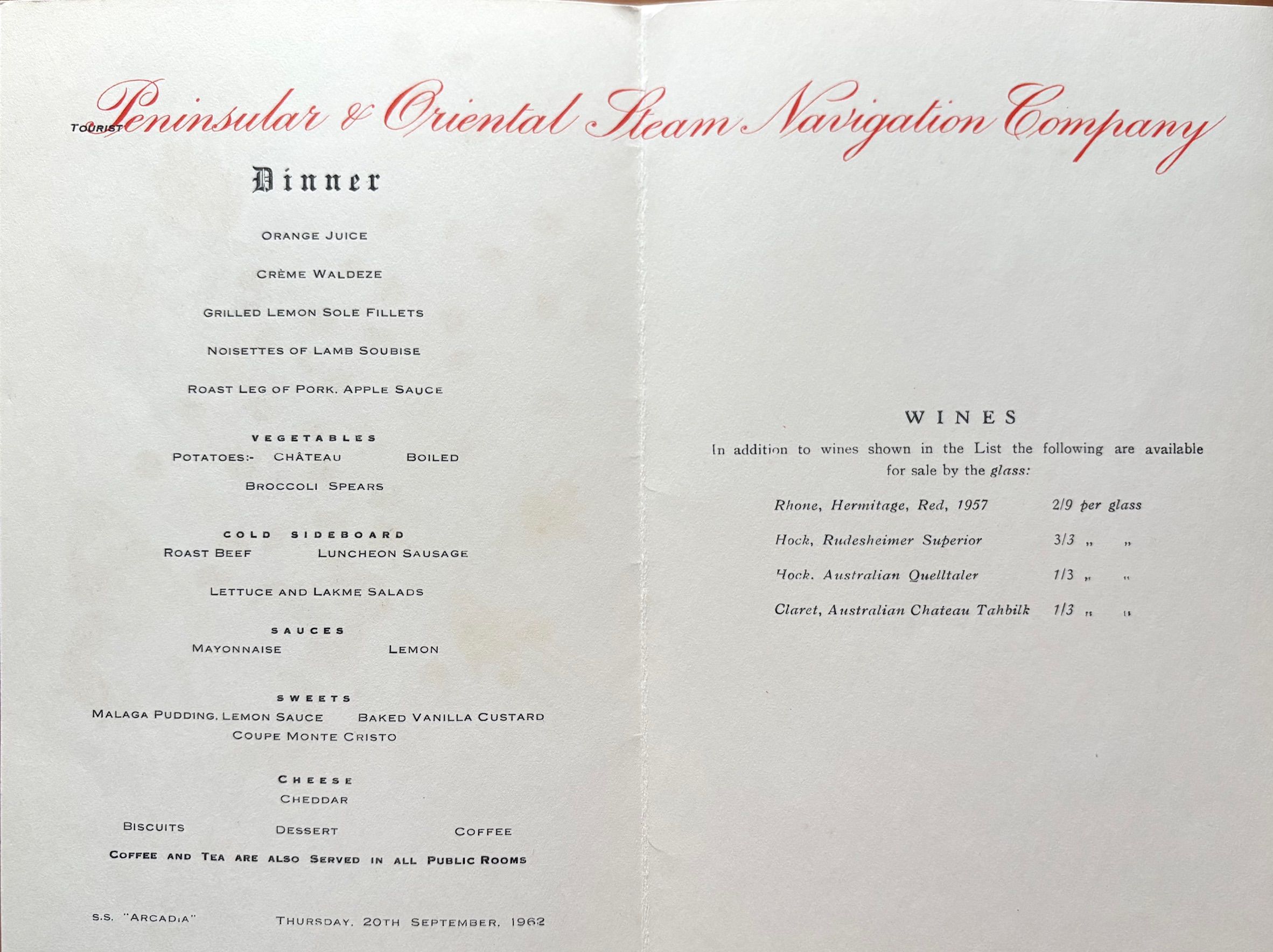 P & O Lines. S.S. Arcadia Dinner Menu