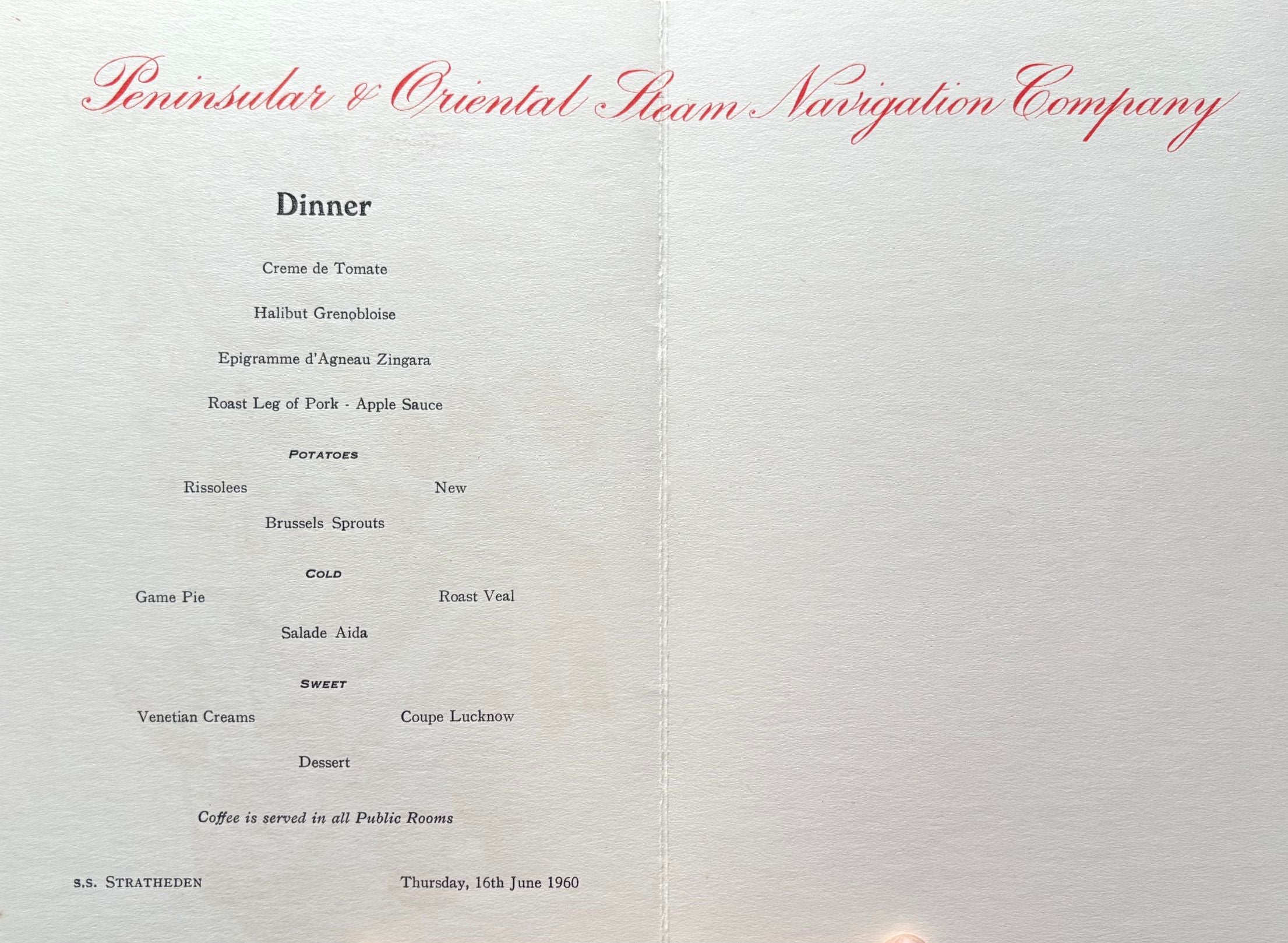 P & O Lines. S.S. Stratheden Dinner Menu