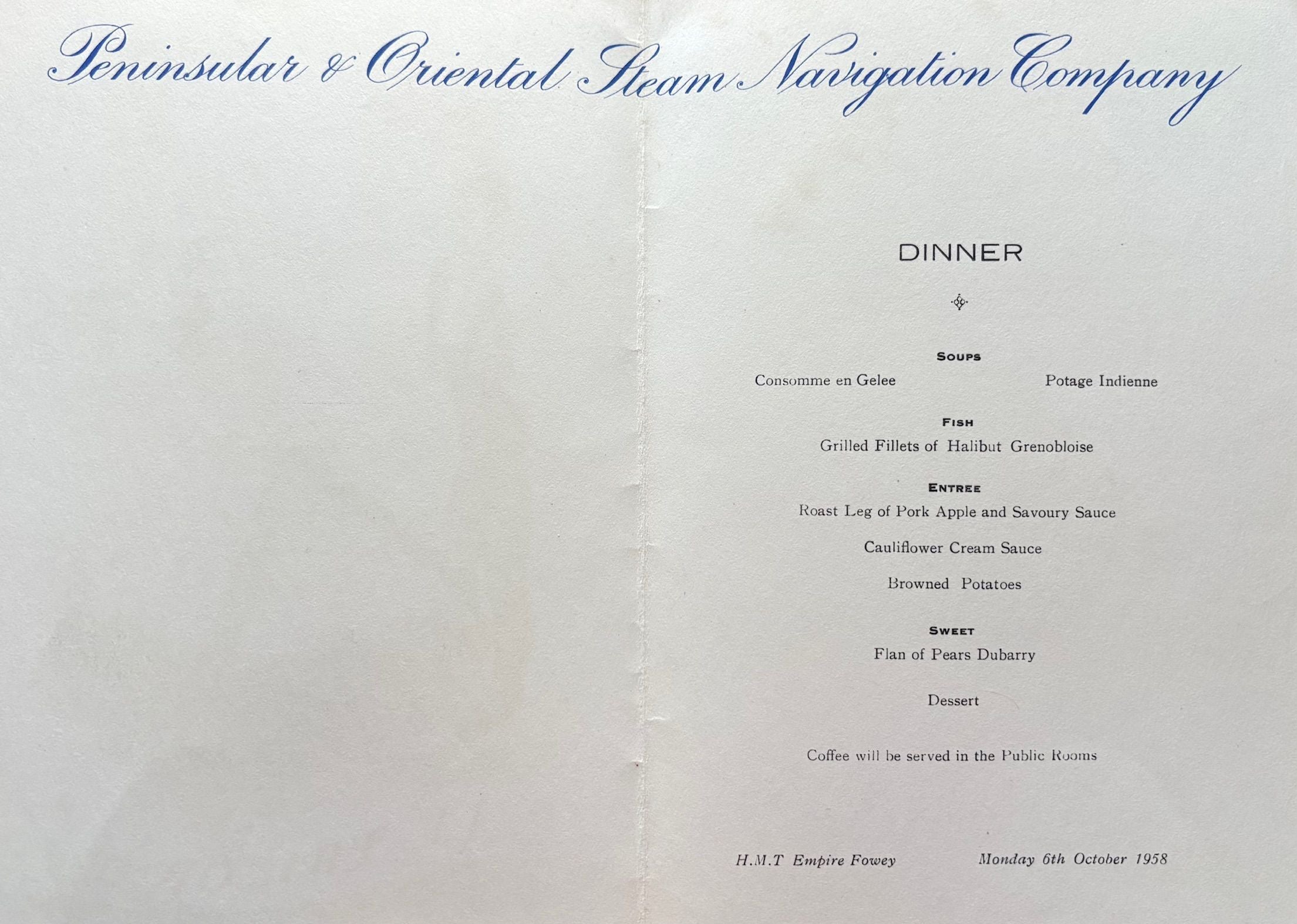 P & O Lines. Le Tricorne - H.M.T. Empire Fowey Dinner Menu