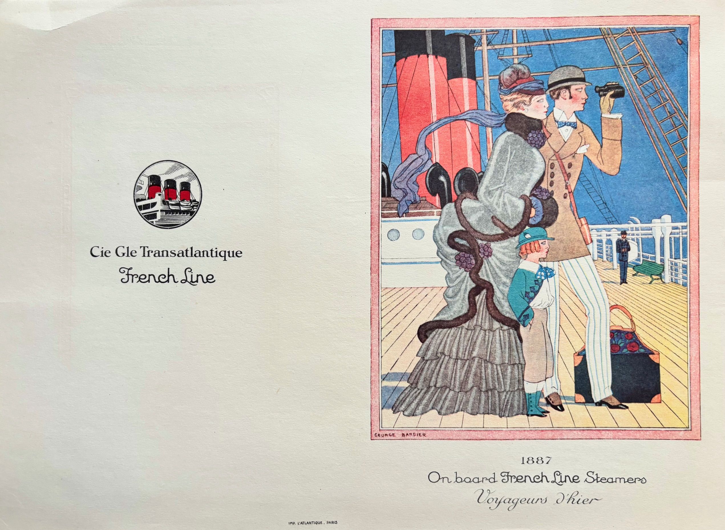 Cie Gle Transatlantique French Line. 1887 On Board French Line Steamers, Voyageurs d'hier Luncheon Menu