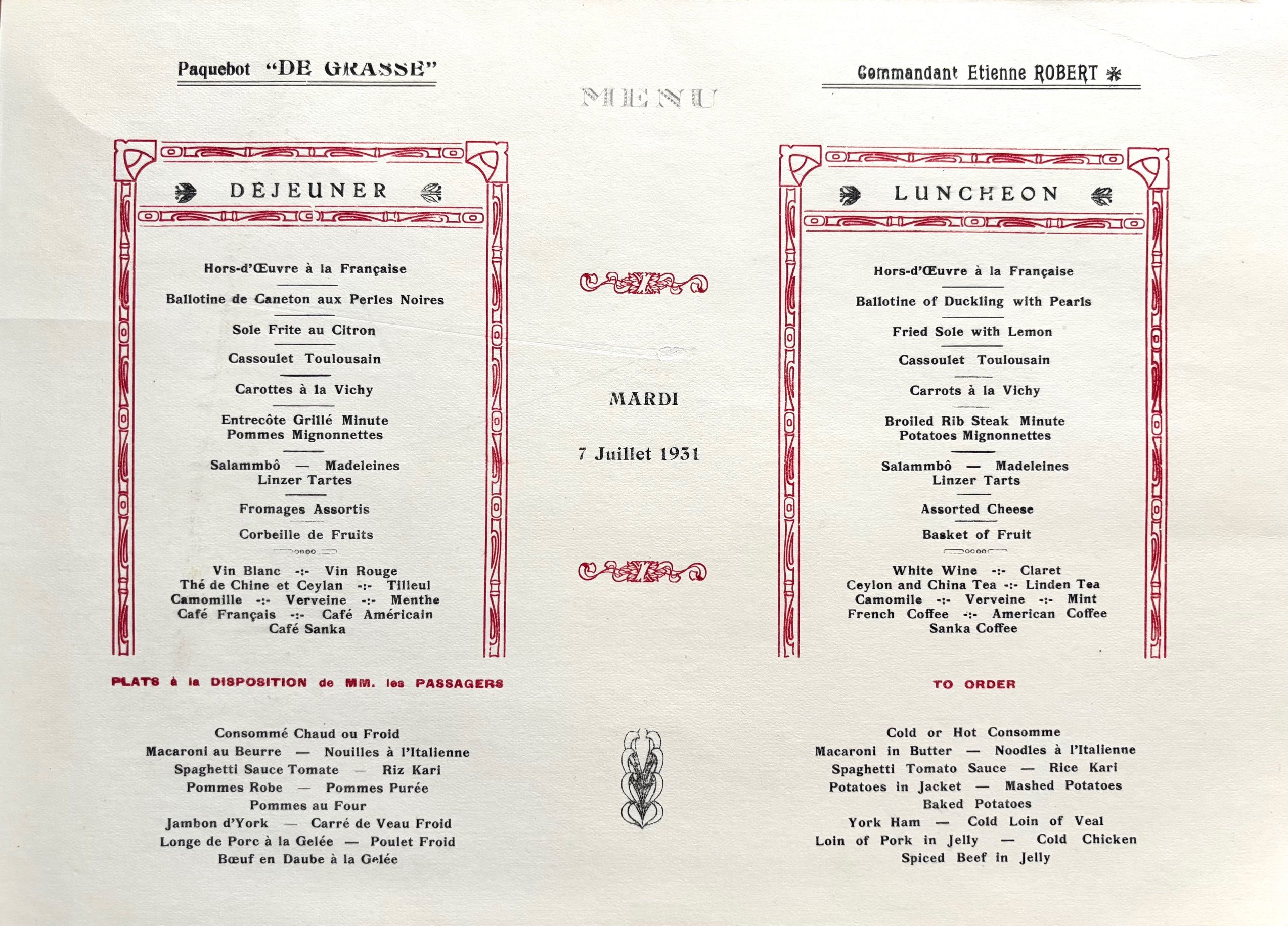 Cie Gle Transatlantique French Line. 1887 On Board French Line Steamers, Voyageurs d'hier Luncheon Menu
