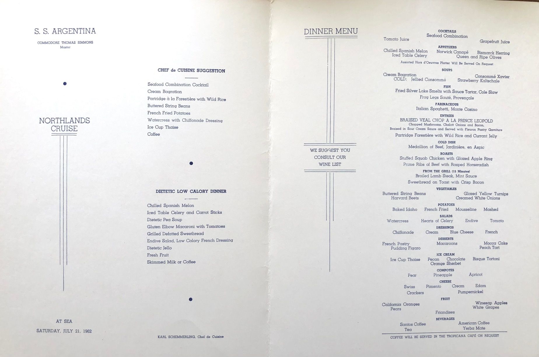 S.S. Argentina. Northlands Cruise Menu