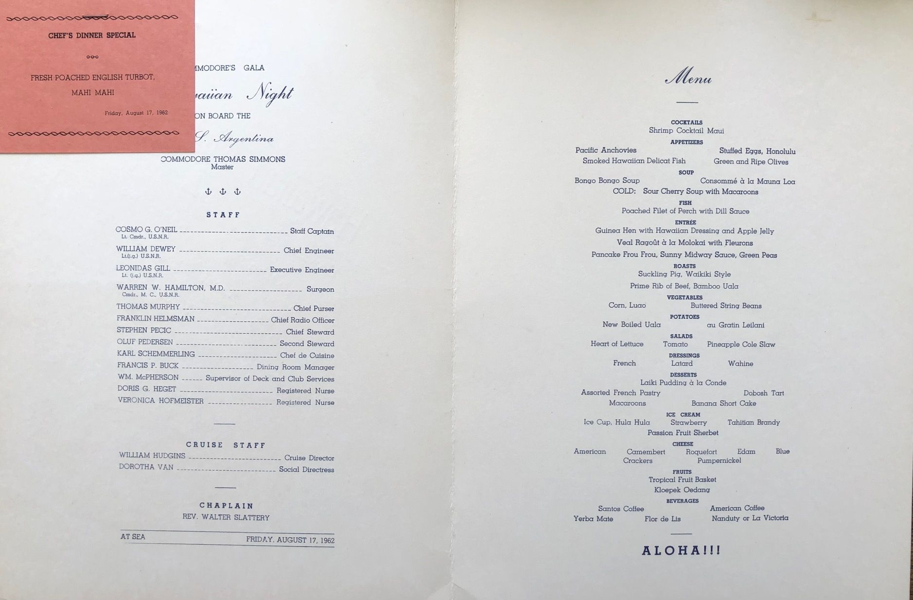 S.S. Argentina. Commodore's Gala - Hawaiian Night Menu