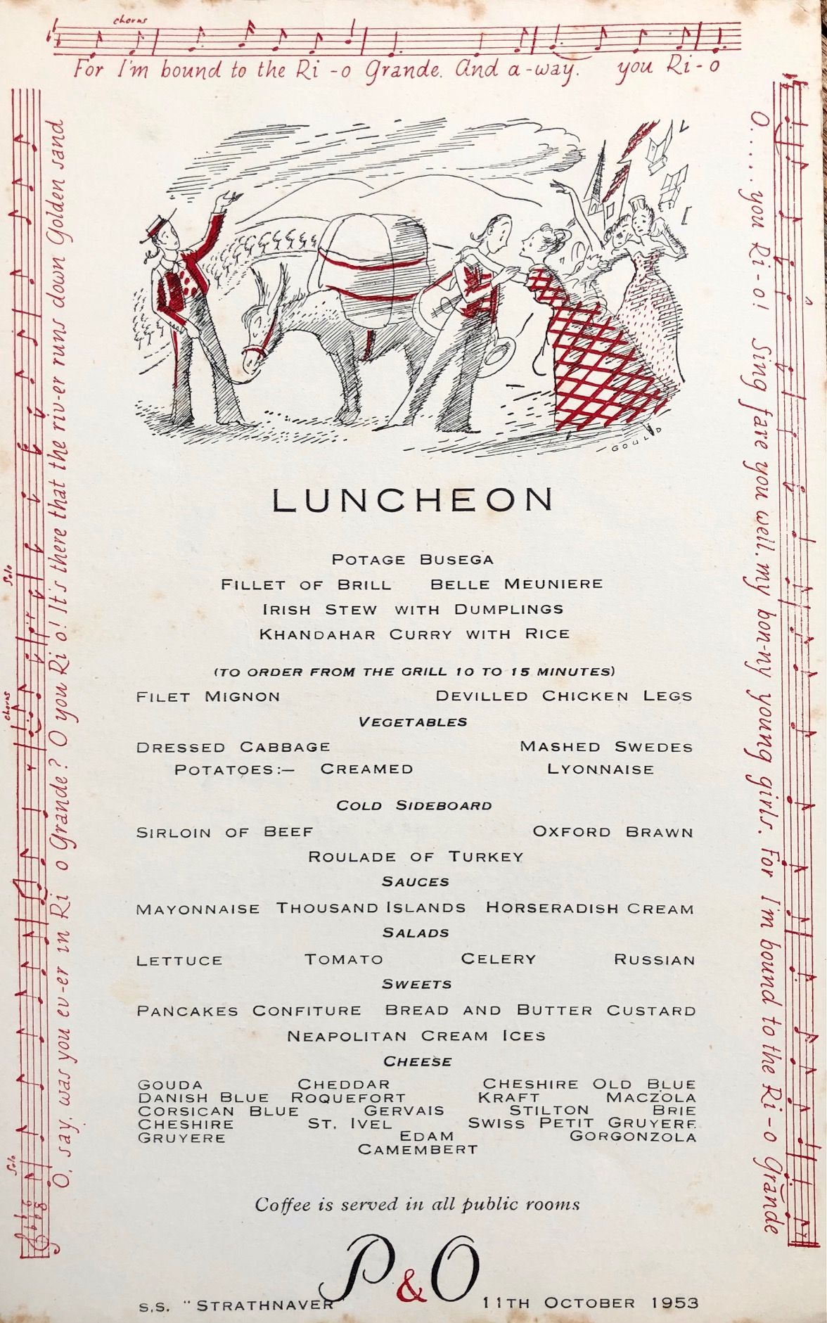 *NEW* P & O Lines. S.S. "Strathnaver" Luncheon Menu - Bound for the Rio Grande