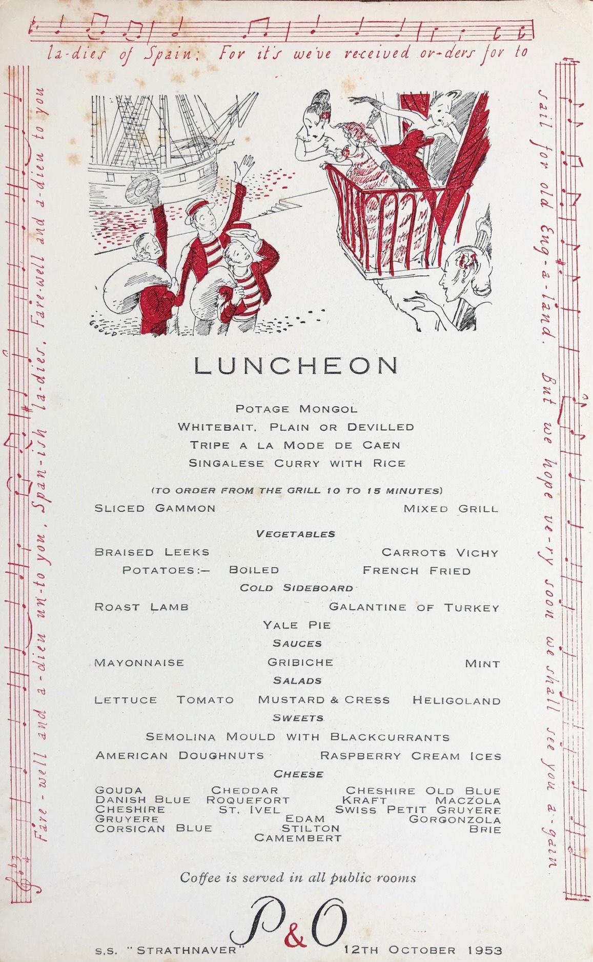 *NEW* P & O Lines. S.S. "Strathnaver" Luncheon Menu - Farewell and Adieu