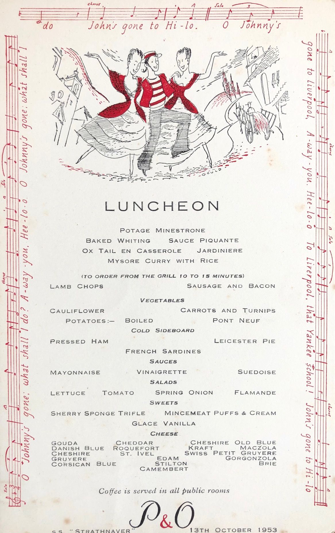 *NEW* P & O Lines. S.S. "Strathnaver" Luncheon Menu - Johnny's Gone to Hilo