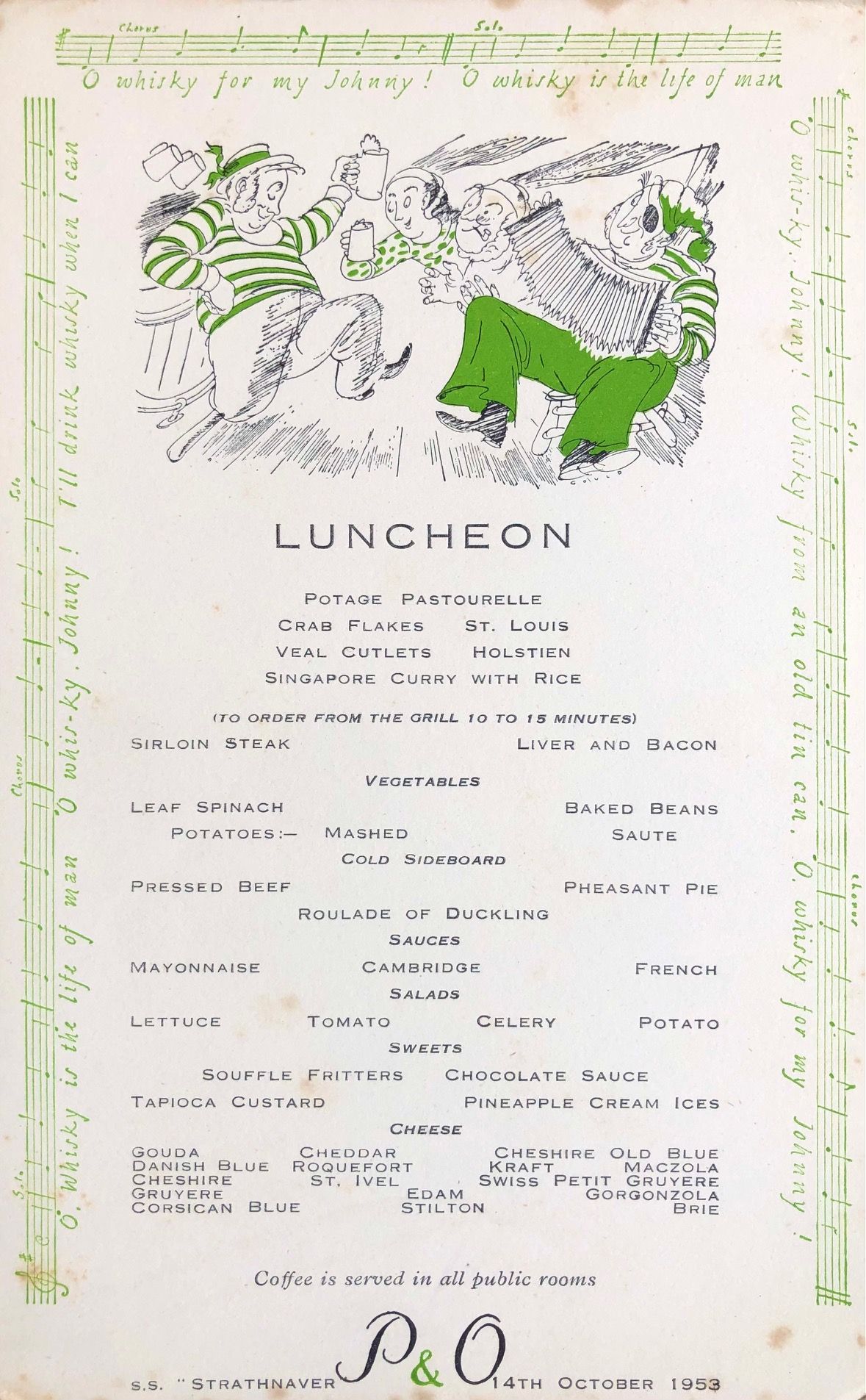 *NEW* P & O Lines. S.S. "Strathnaver" Luncheon Menu - Whisky