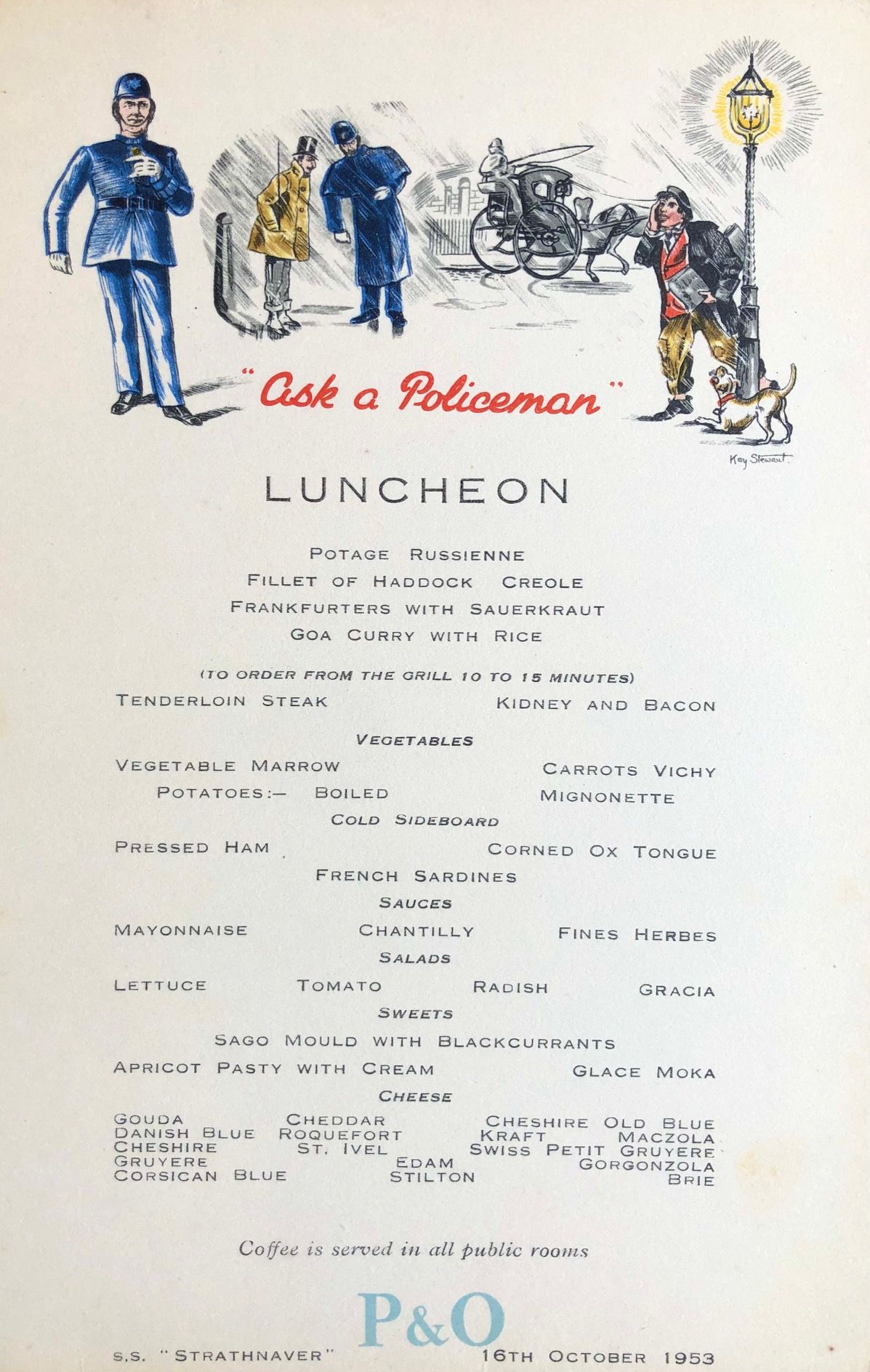 *NEW* P & O Lines. S.S. "Strathnaver" Luncheon Menu - Ask a Policeman