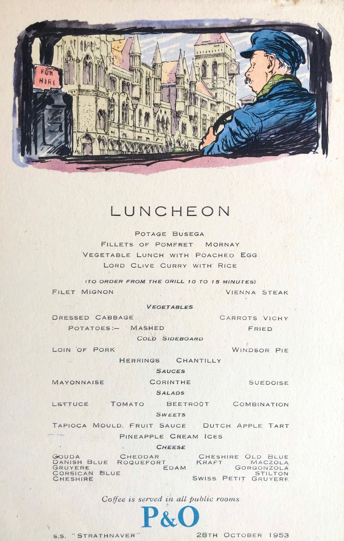 *NEW* P & O Lines. S.S. "Strathnaver" Luncheon Menu - The Law Courts