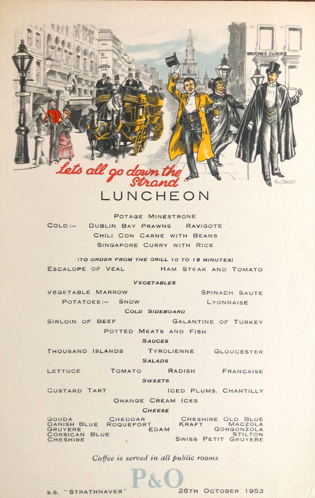 *NEW* P & O Lines. S.S. "Strathnaver" Luncheon Menu - Let's All Go Down to the Strand