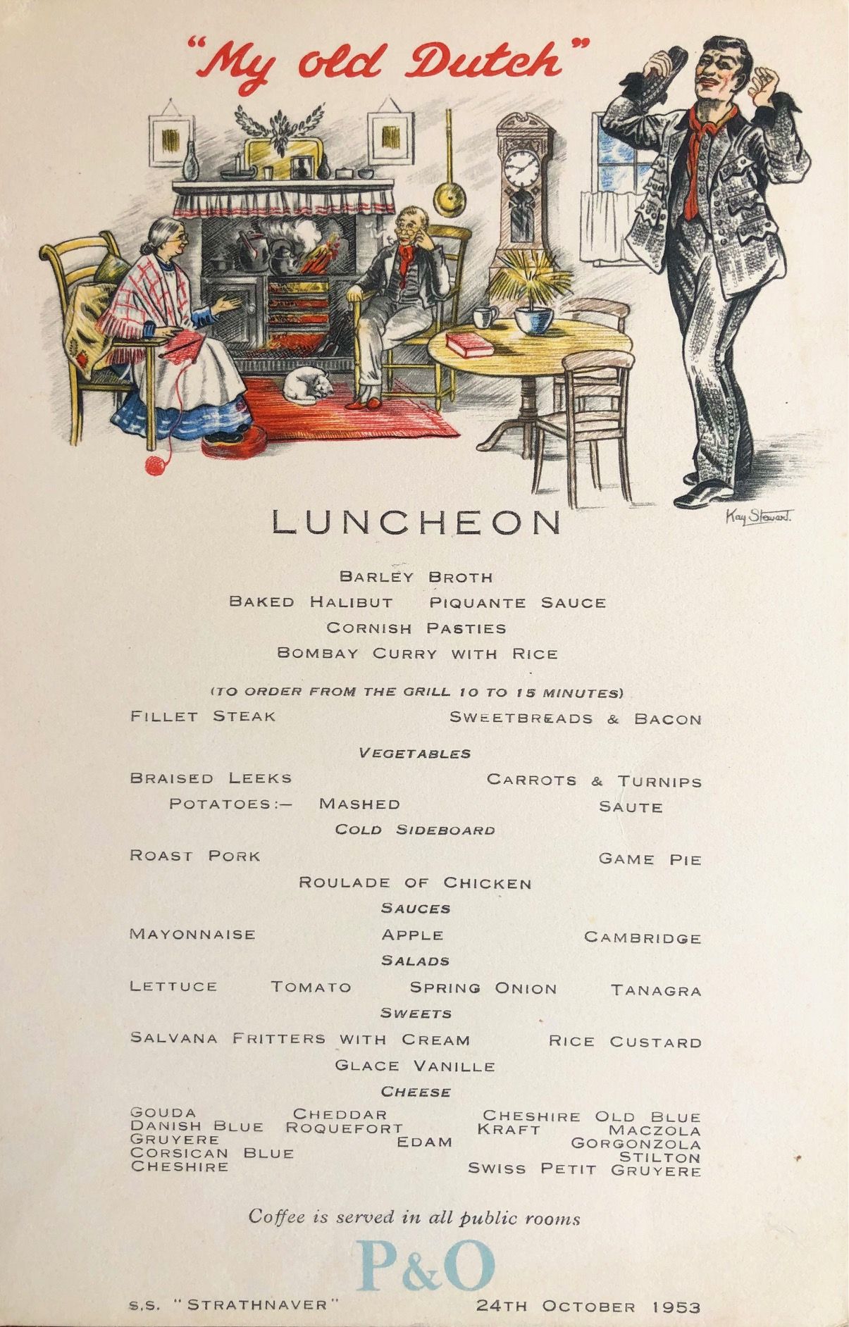 *NEW* P & O Lines. S.S. "Strathnaver" Luncheon Menu - My Old Dutch