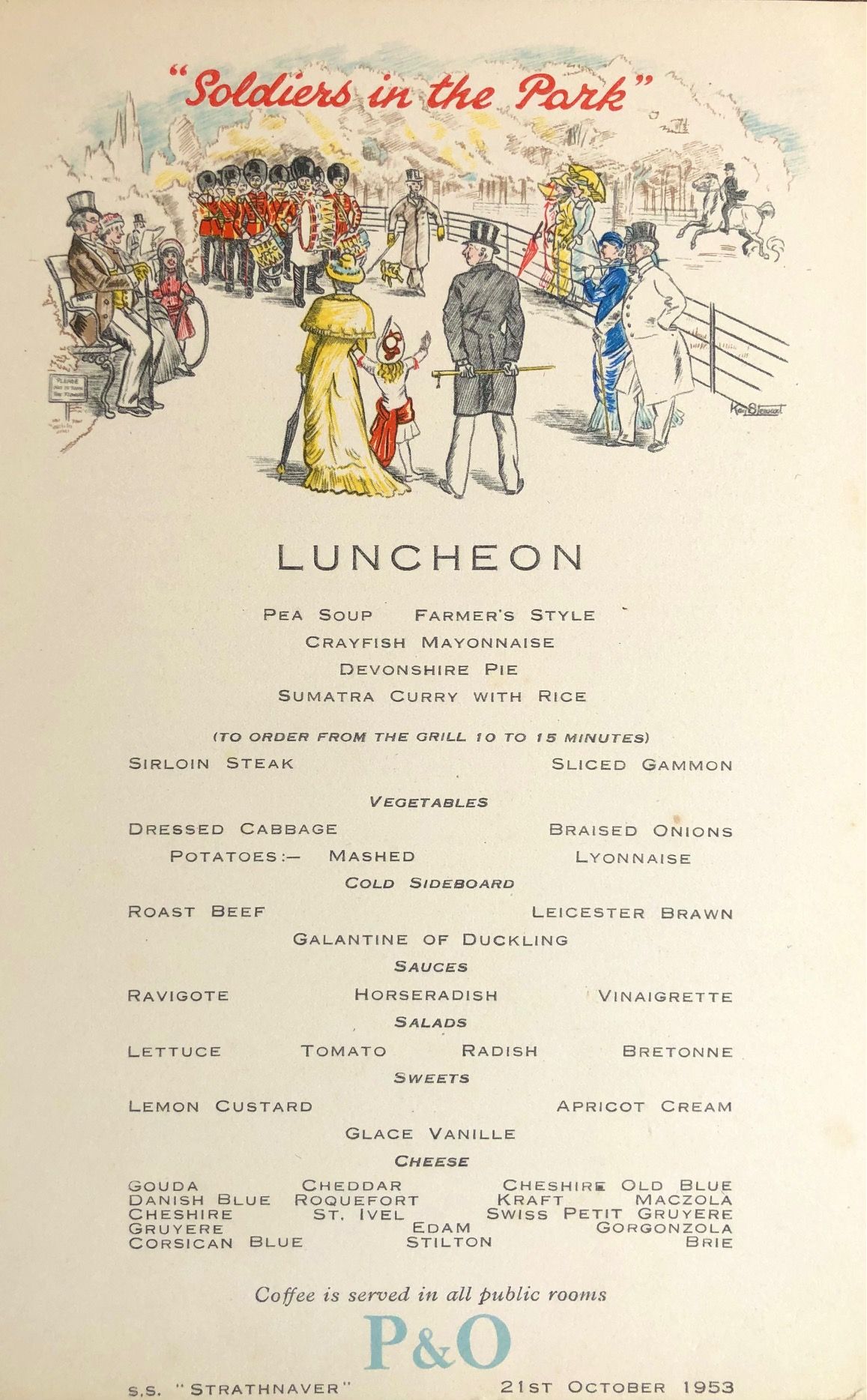*NEW* P & O Lines. S.S. "Strathnaver" Luncheon Menu - Soldiers in the Park