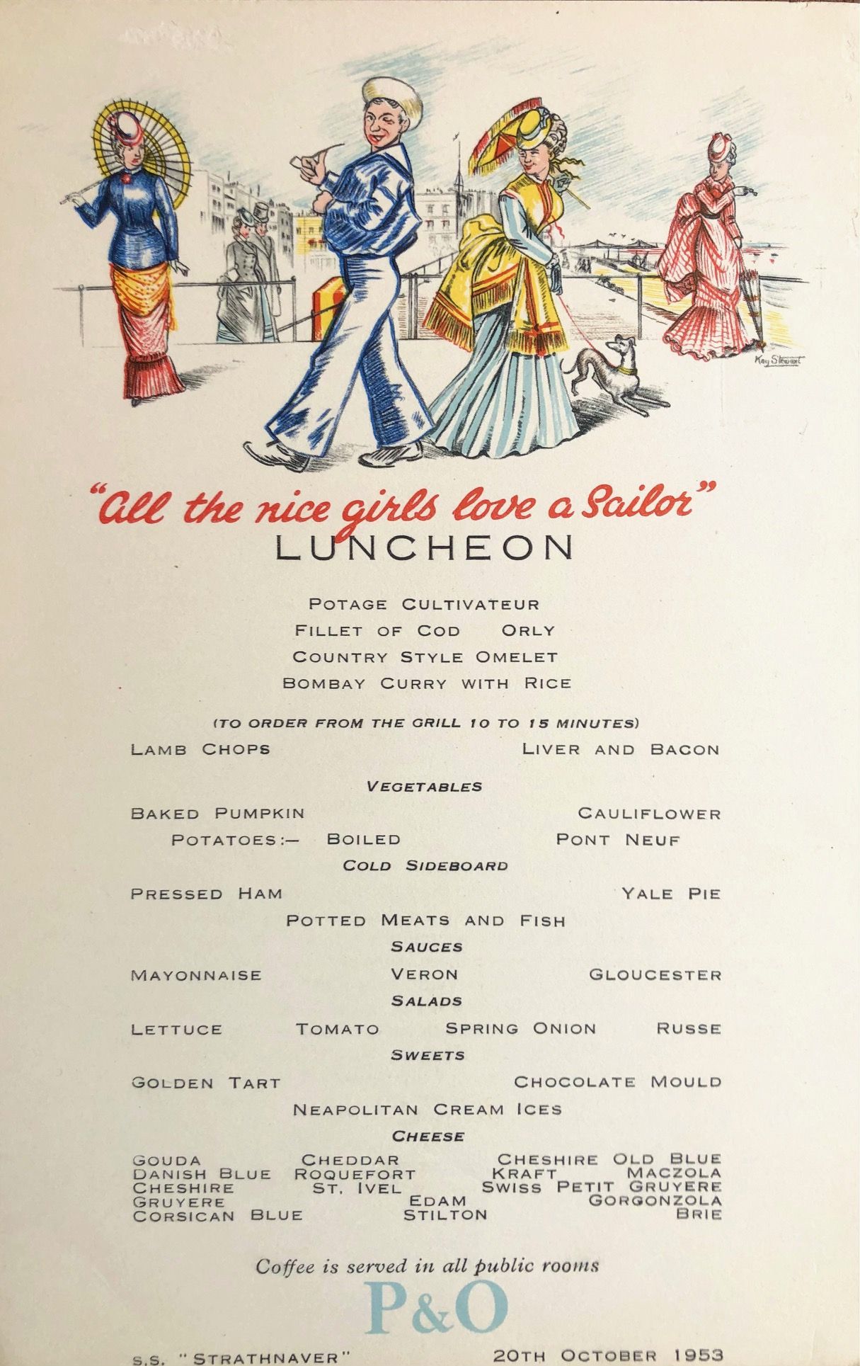 *NEW* P & O Lines. S.S. "Strathnaver" Luncheon Menu - All the Nice Girls Love a Sailor