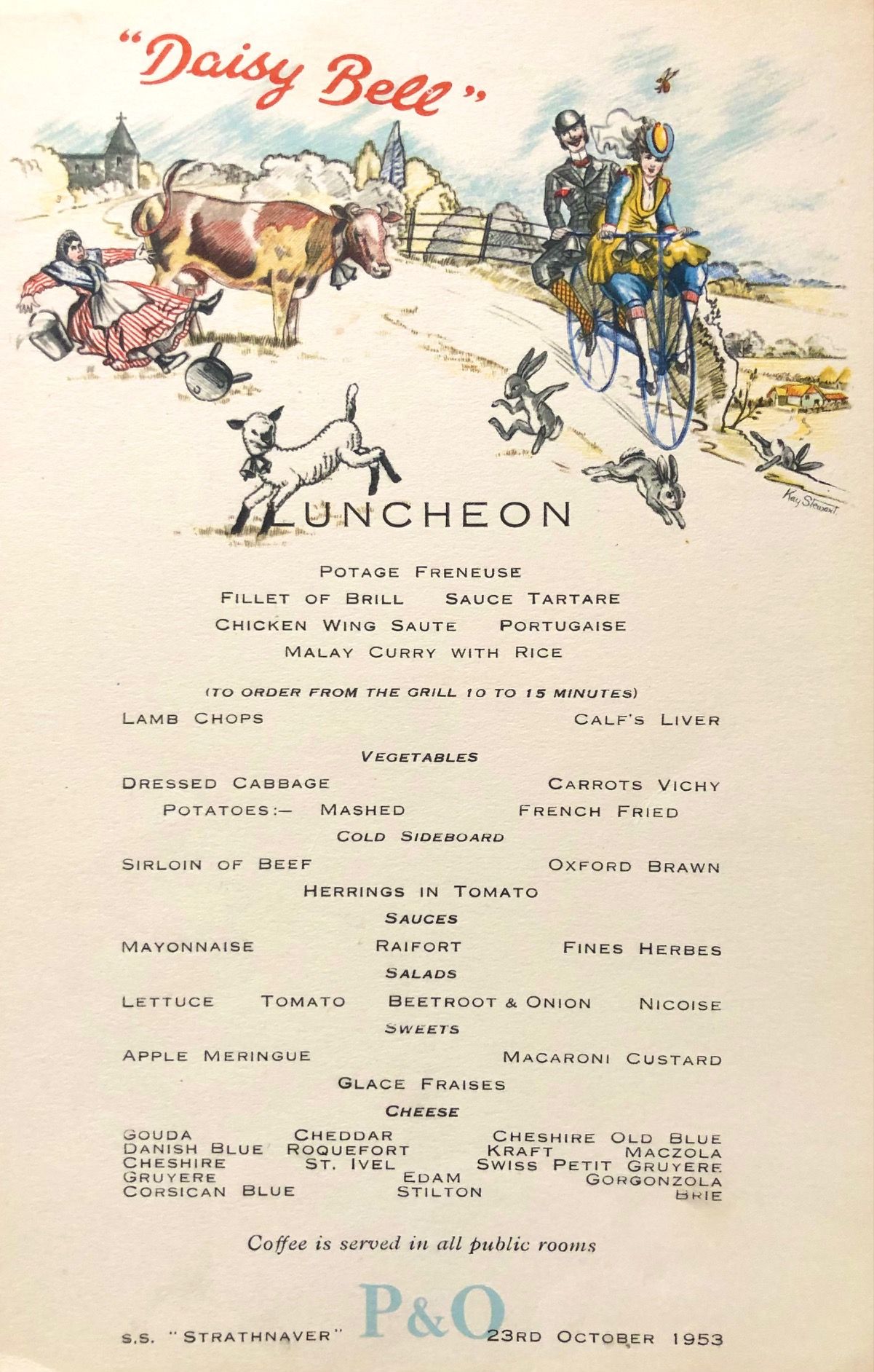 *NEW* P & O Lines. S.S. "Strathnaver" Luncheon Menu - Daisy Bell