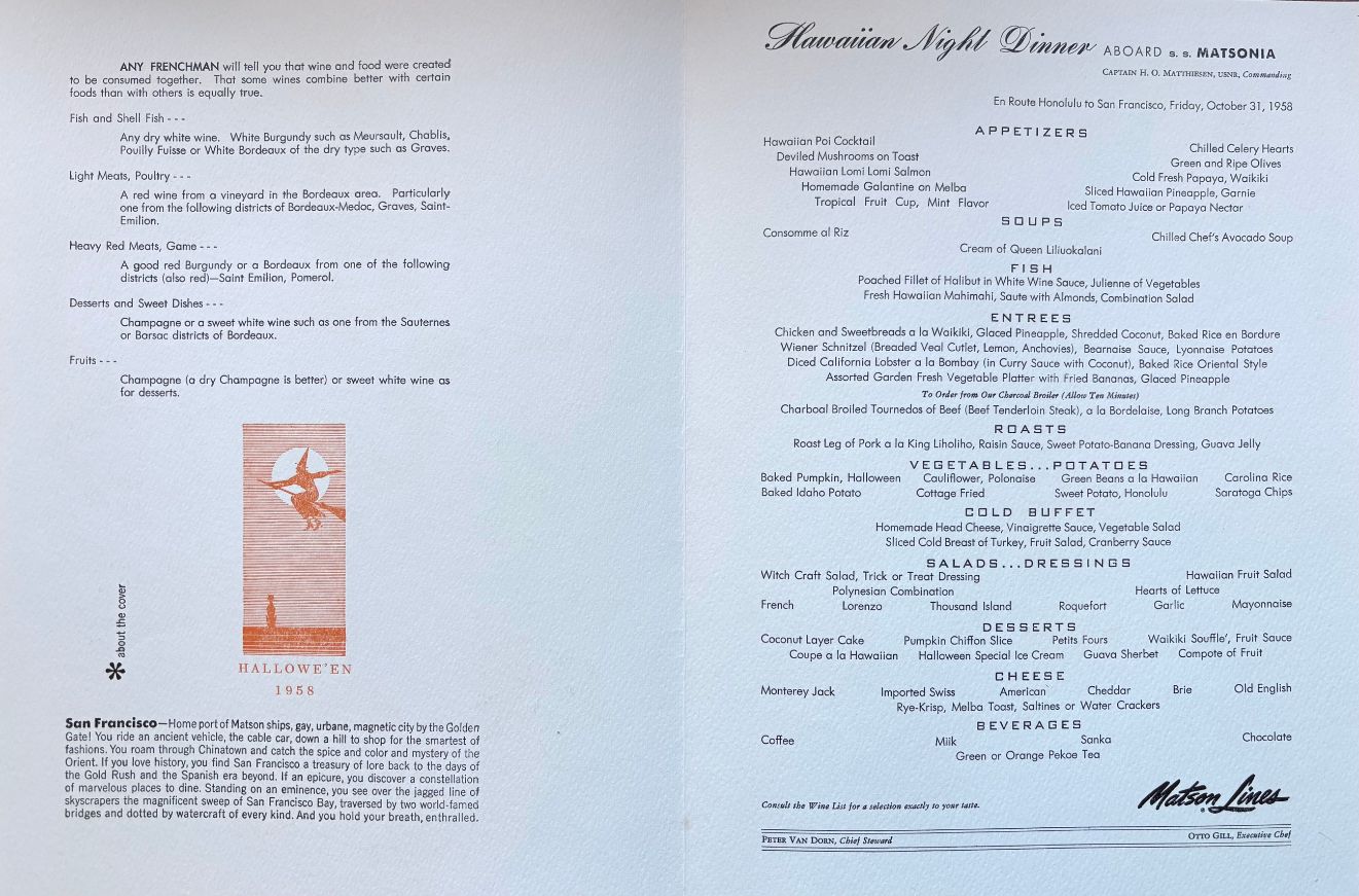 (*NEW ARRIVAL*) (San Francisco) Matson Lines. Dinner Aboard S.S. Matsonia