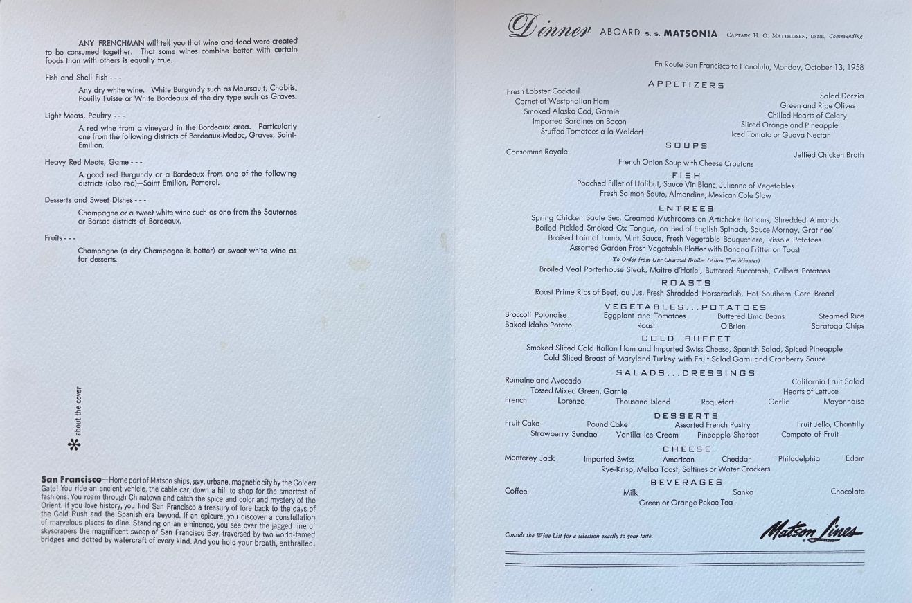 (*NEW ARRIVAL*) (San Francisco) Matson Lines. Dinner Aboard S.S. Matsonia