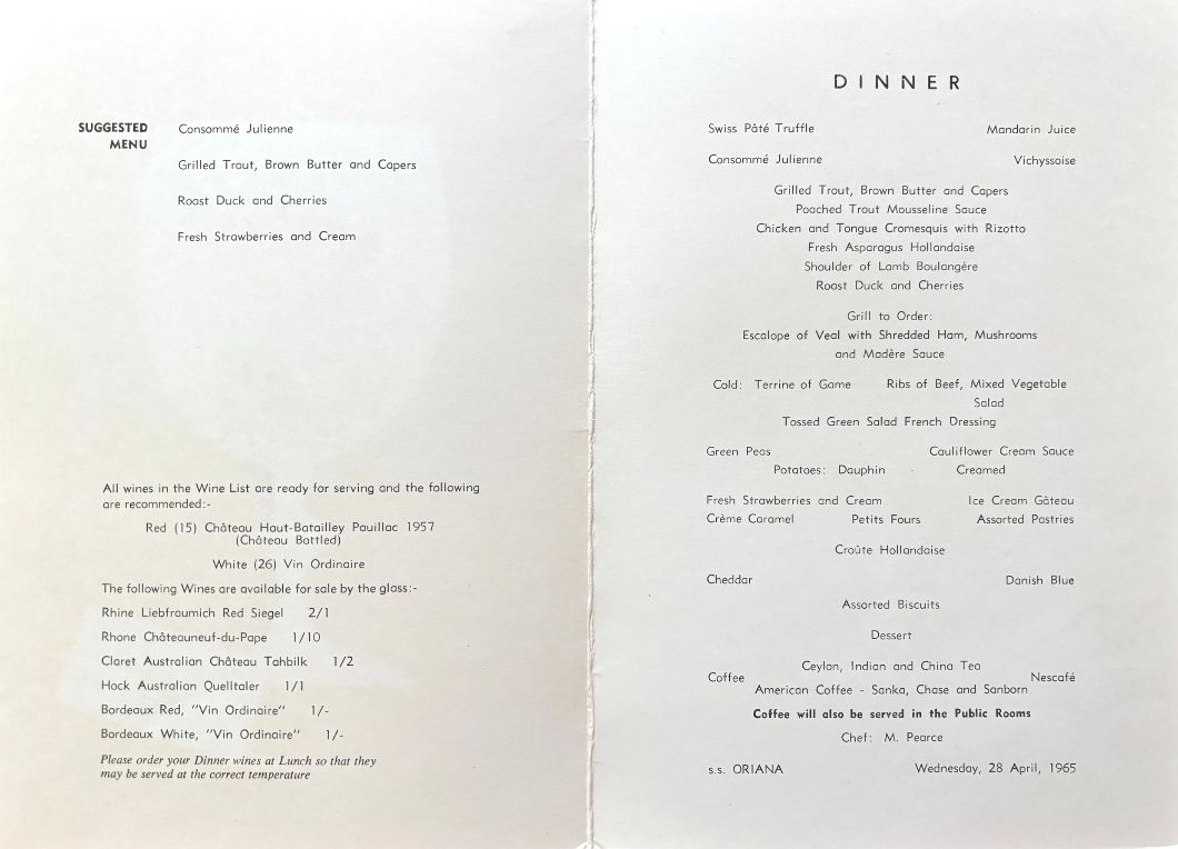 P. & O. Lines. Dinner - Claret