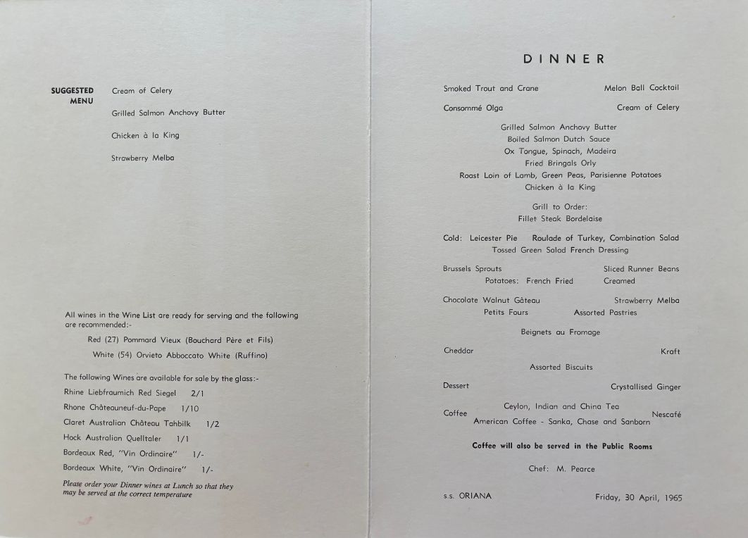 P. & O. Lines. Dinner - Sailing Craft