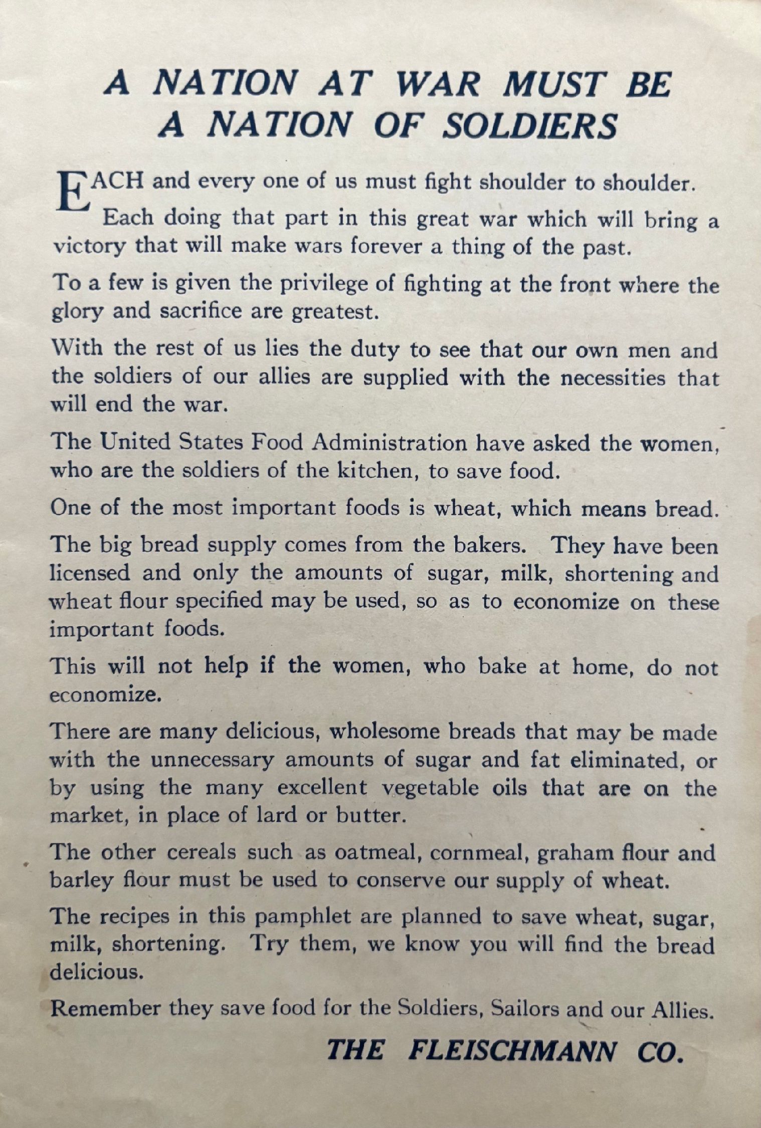 (*NEW ARRIVAL*) (WWI) Fleischmann Co. Save Sugar, Wheat & Fats