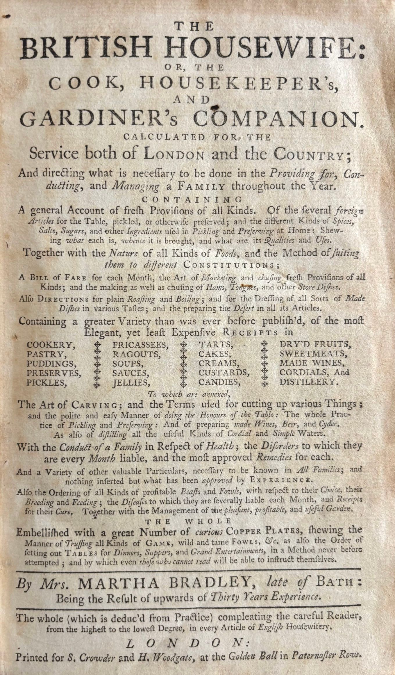 (**NEW ARRIVAL**) Bradley, Martha [Elizabeth David]. The British Housewife: