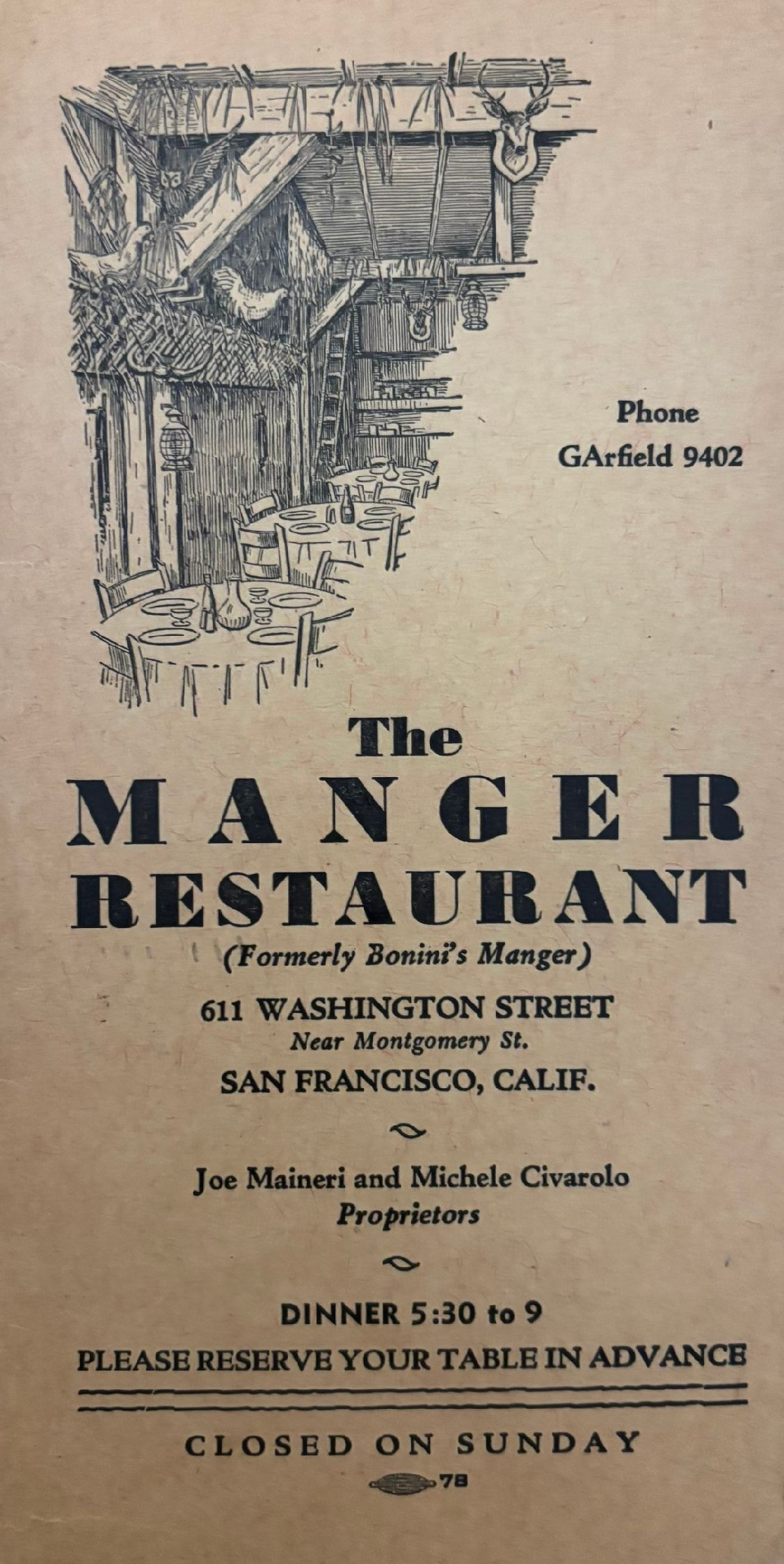 (*NEW ARRIVAL*) (San Francisco) The Manger Restaurant