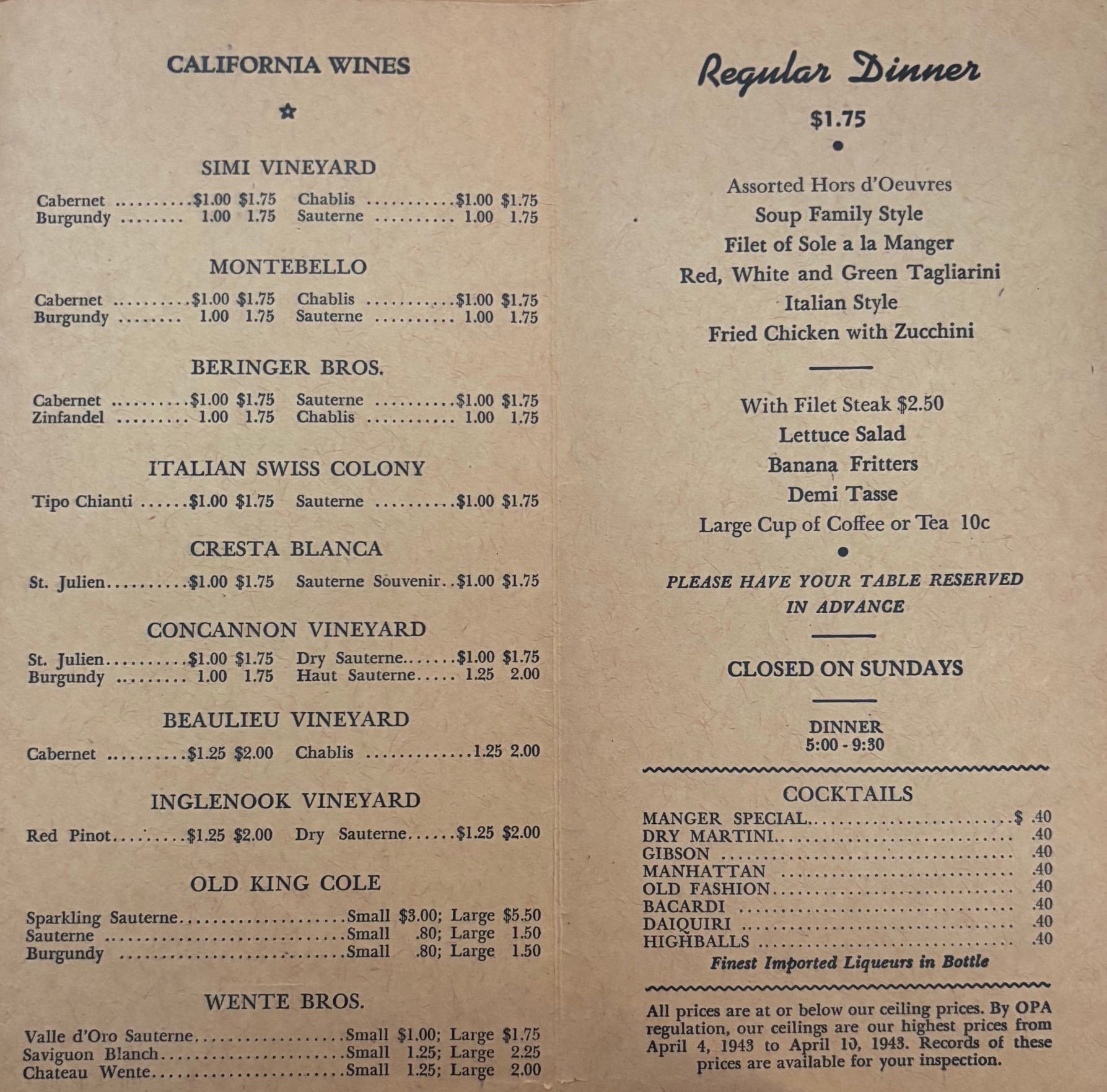 (*NEW ARRIVAL*) (San Francisco) The Manger Restaurant