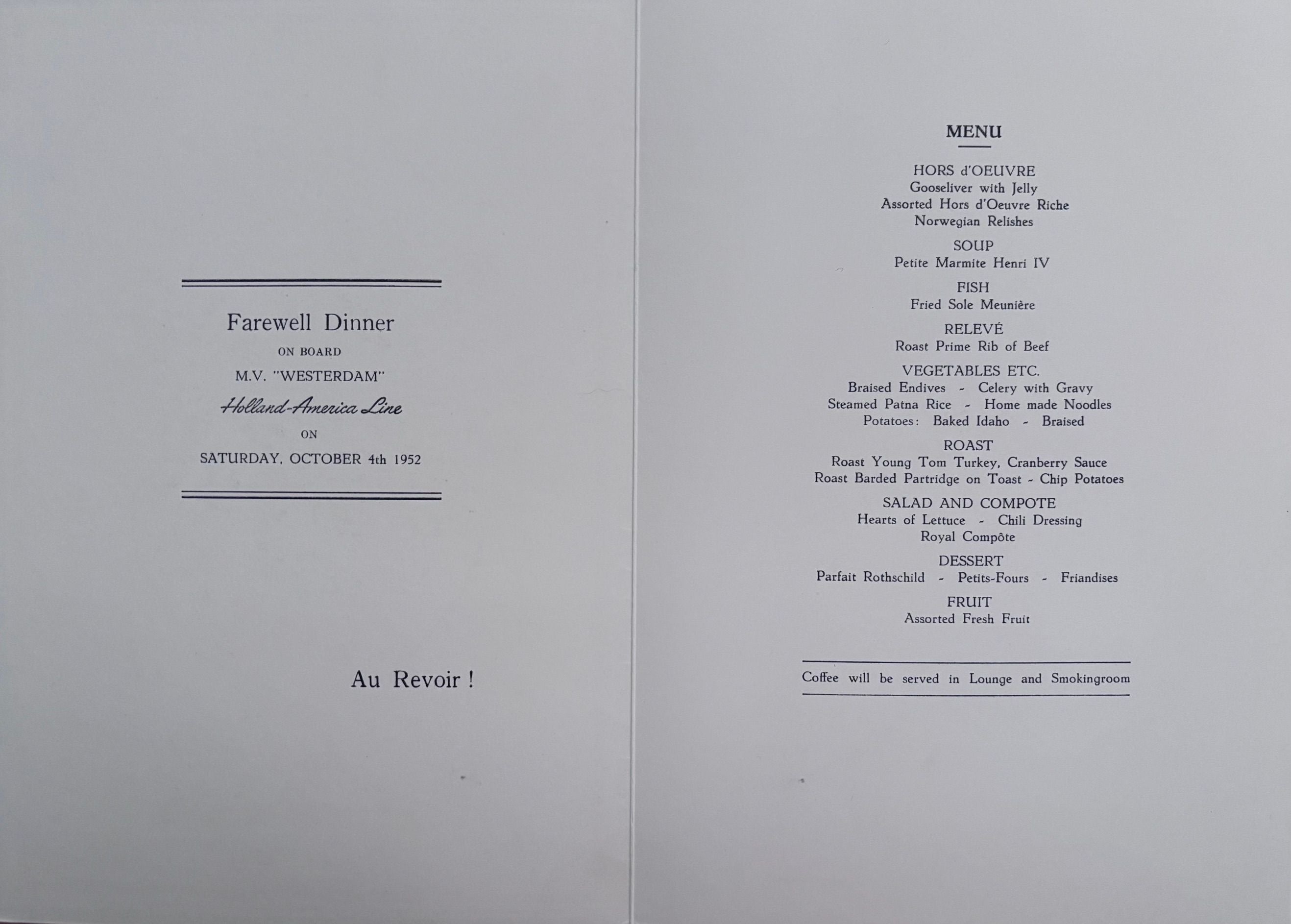 Holland-America Line. Farewell Dinner on Board M.V. "Westerdam"